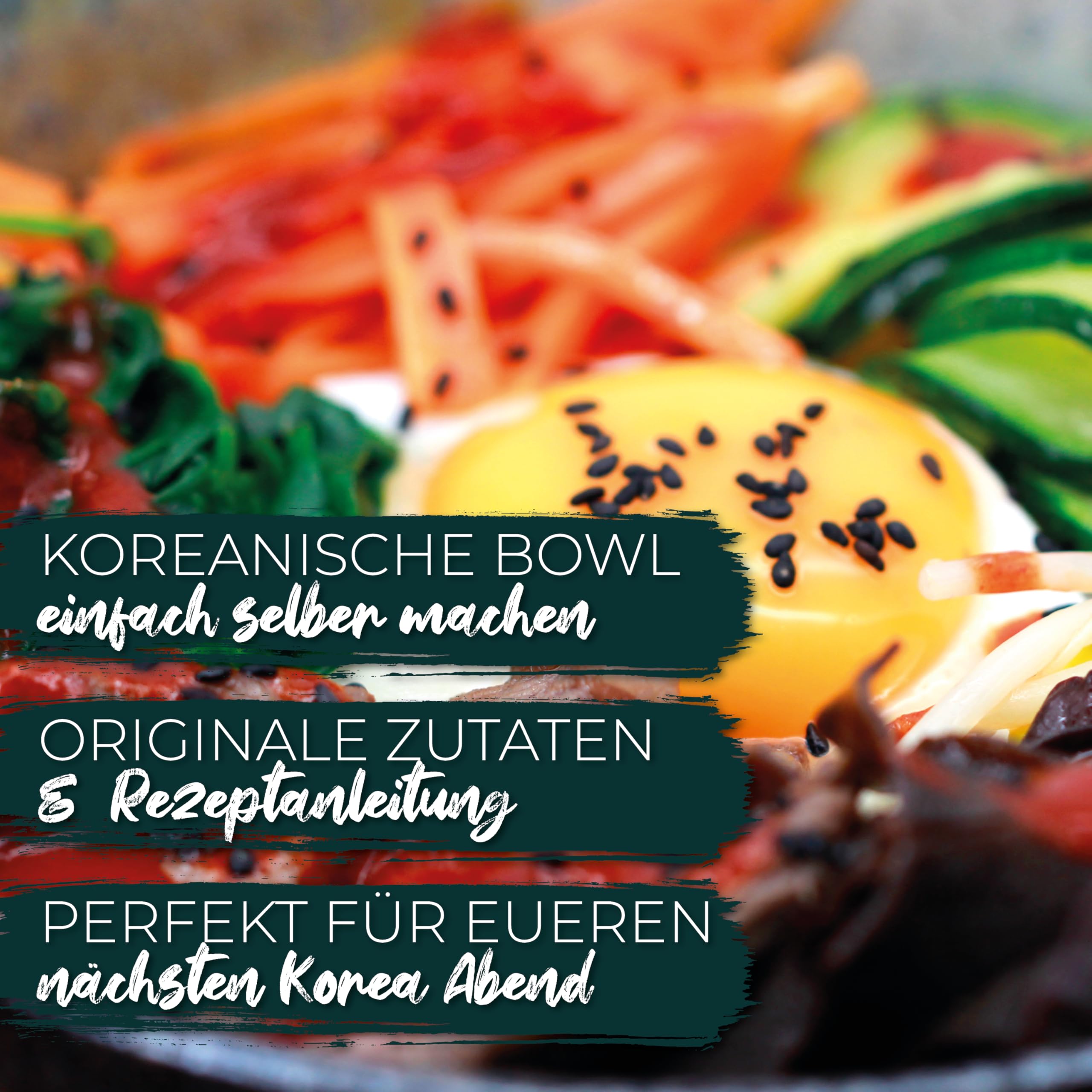 Bibimbap Kochbox (8-teilig, für 6 Portionen) – DIY Set inkl. Anleitung für Korean Rice Bowl – mit Reis, Gochujang, eingelegter Rettich, Sesamöl & mehr | auch für Anfänger, Geschenkidee