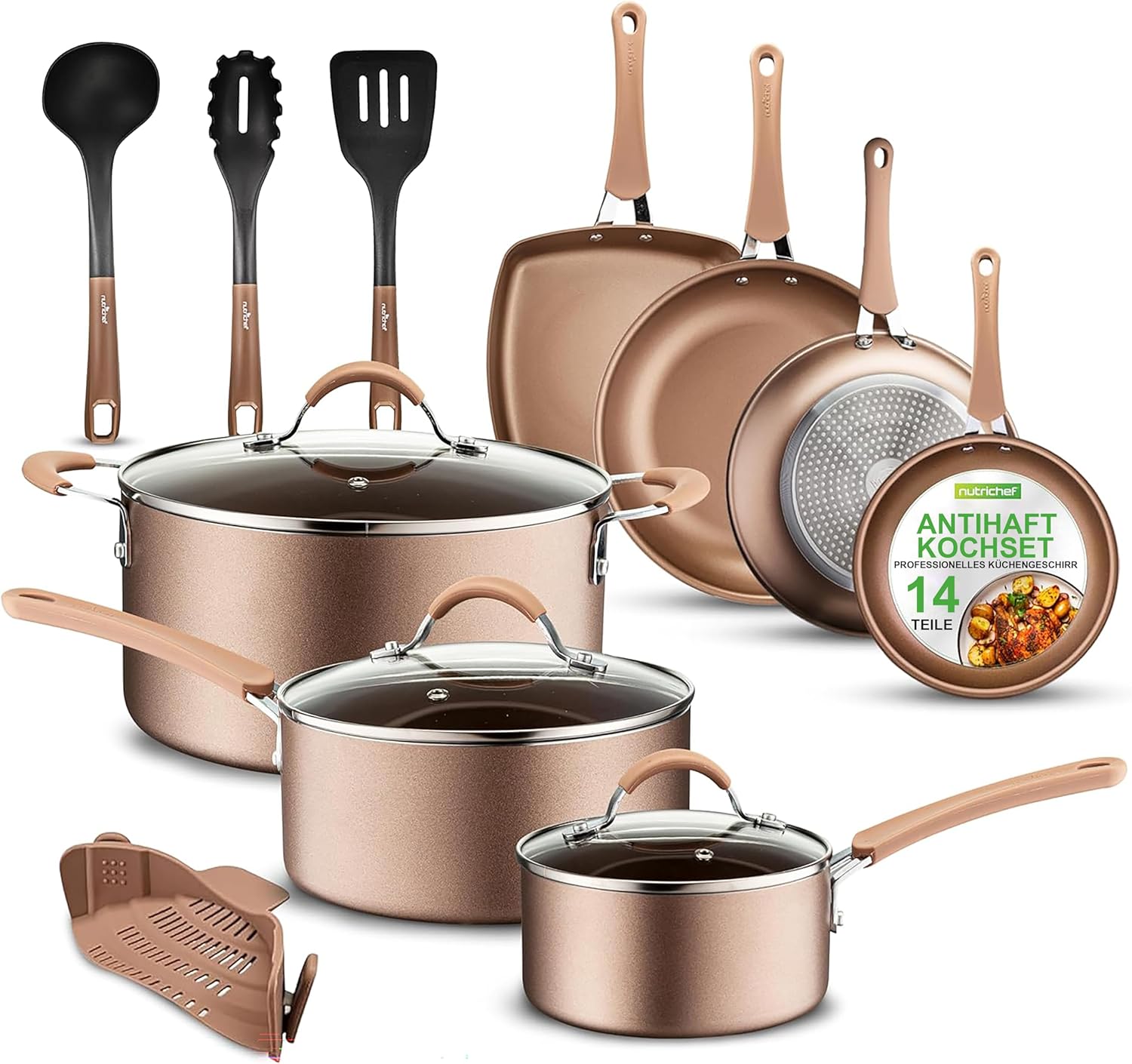 14-Piece Bronze Aluminum Non-Stick Cookware Set