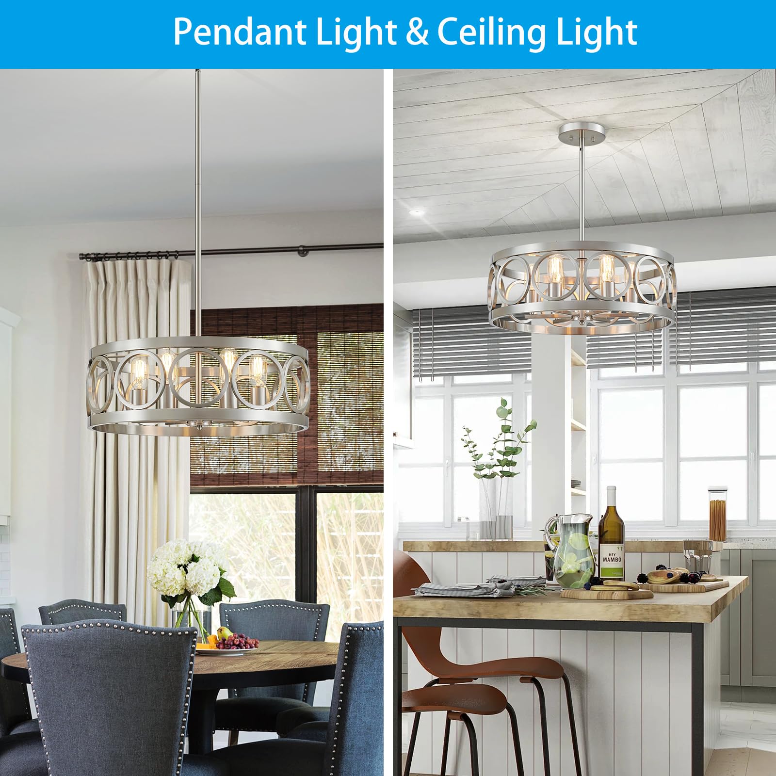 XINGQI 6-Light Modern Farmhouse Chandelier Brushed Nickel, 21.7'' Drum Ceiling Light Fixture for Living Dining Room Over Table with Round Metal Shade Pendant Lighting