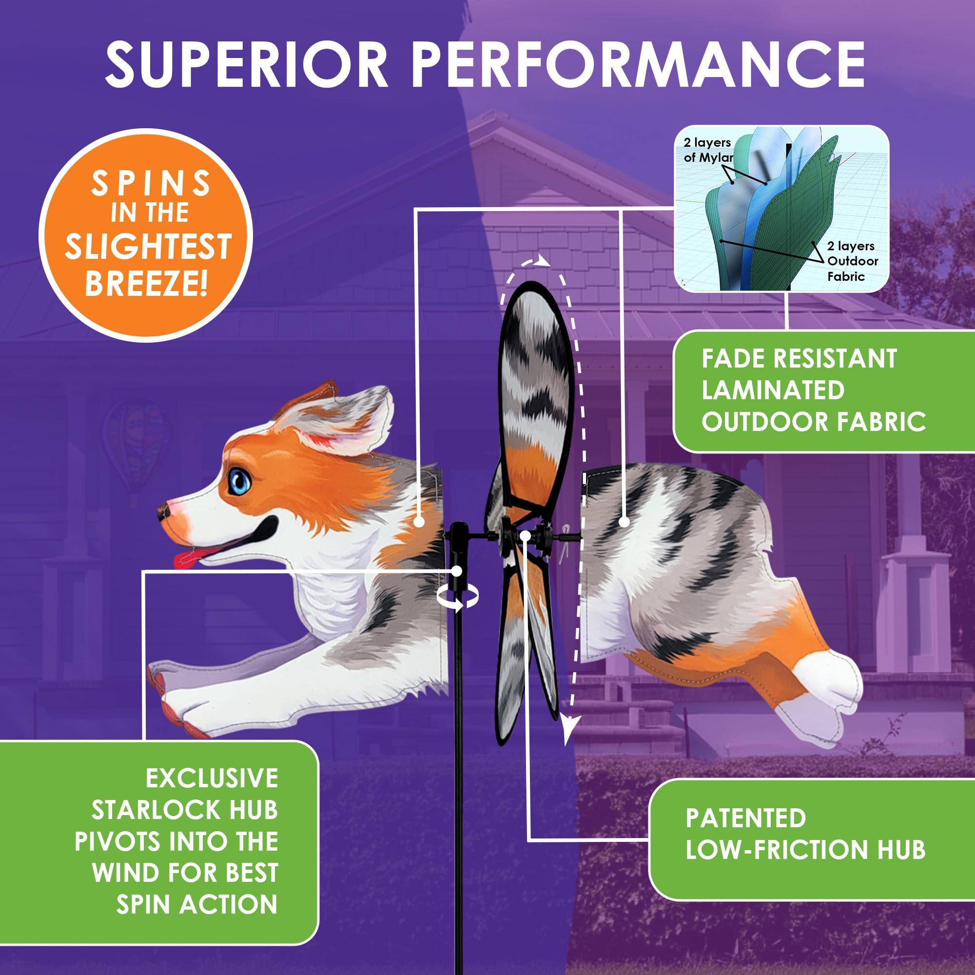 Premier Kites Petite Spinner Australian Shepherd - Skurriles Windspiel für Hof & Garten, strapazierfähiges, wetterbeständiges Gewebe, einfach zu montieren, Outdoor-Dekor für Terrassen, Rasenflächen