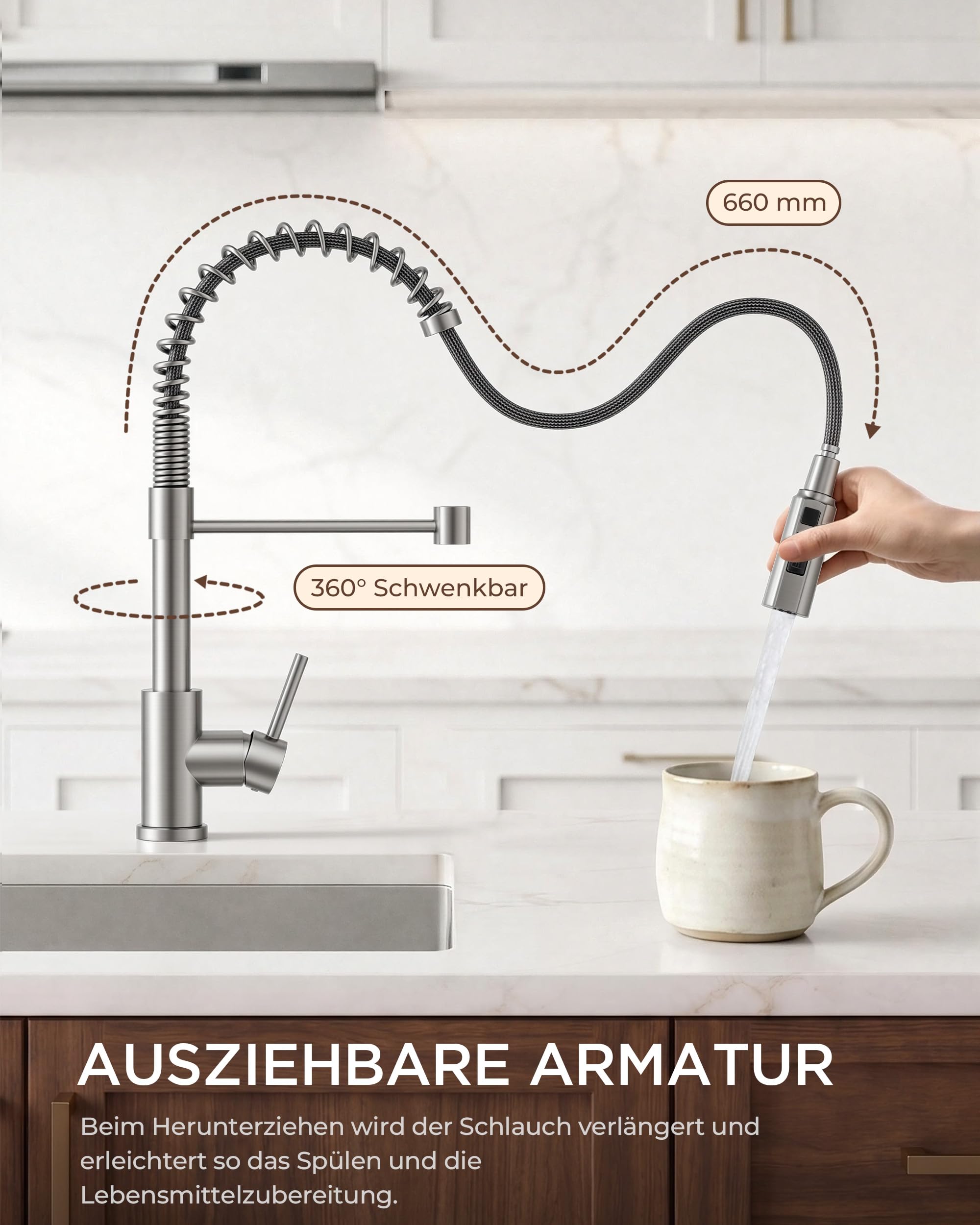 FORIOUS Wasserhahn Küche, Ausziehbare Küchenarmatur, Einhebel-Mischbatterie Küche mit 3 Strahlfunktionen, 360° Drehbare Federbelastete Spültischarmatur, Edelstahl