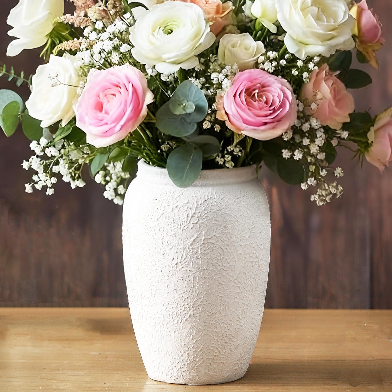 Ceramic Farmhouse Flower Vase, 8.2 Inch Terracotta Rustic Vase, Christmas Decorative Pottery Flower Vases for Living Room, Entryway, Table, Shelf Decor