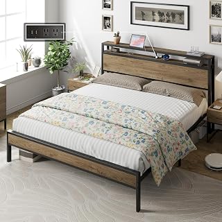 AMERLIFE King Size Bed Frame, Industrial Platform Bed with 2-Tier Storage Headboard, Charging Station Included/No Box Spring Needed/Noise-Free/Rustic Brown