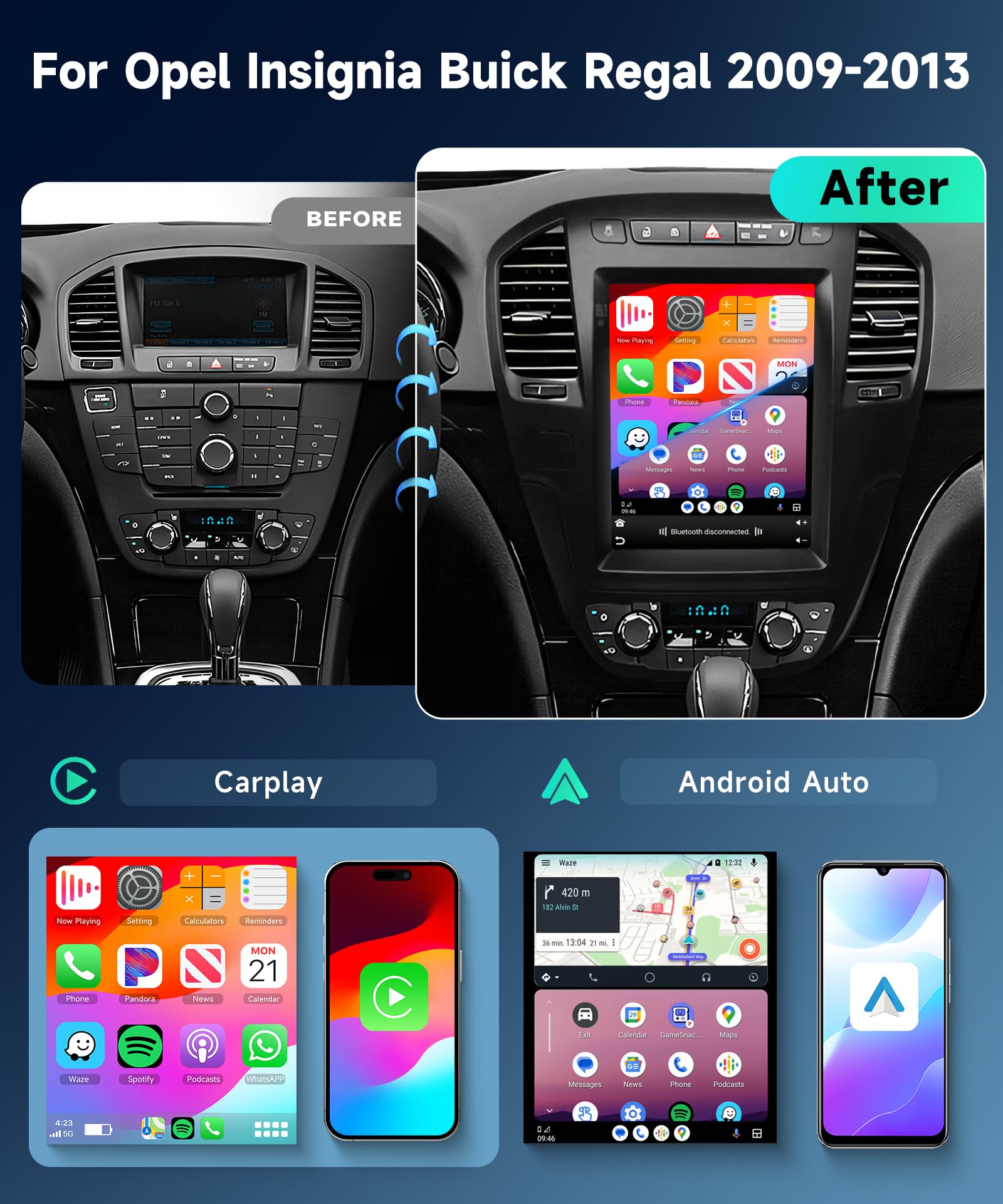 4G 128G Car Radio For Vauxhall Insignia 2008-2013, Hodozzy 9" 1280P In-Cell Touch Screen Android 15 Car Stereo With DSP Wireless Carpaly & Android Auto Bluetooth 5.0 GPS WiFi FM/RDS SWC Backup Camera - View #2