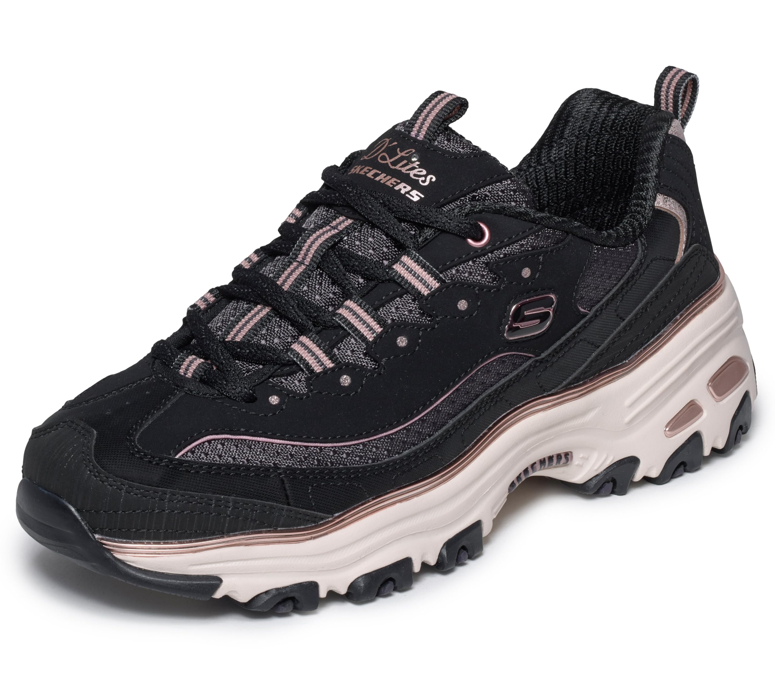 Skechers Damen D'Lites Turnschuhe, Black Duraleather/Leather/Mesh/Rose Gold Trim, 39.5 EU