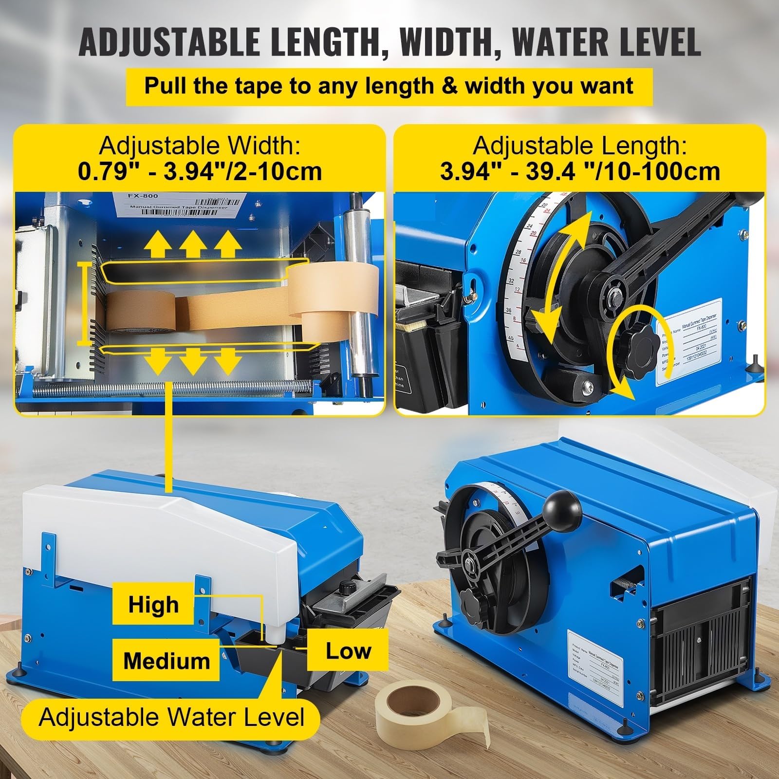 EDEDE Dispenser di Nastro Massimo 39,4 Pollici x 3,94 Pollici Lunghezza Nastro Regolabile Larghezza e amp; Livello dell'Acqua Manuale attivato dall'acqua con Spazzola ad Acqua