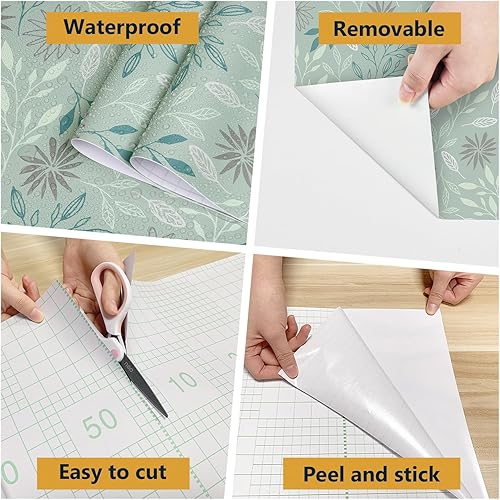 Miniatura 7 de Papel tapiz autoadhesivo de hojas color azul verdoso, bohemio, extraíble, para paredes de dormitorio, papel adhesivo impermeable para hojas de