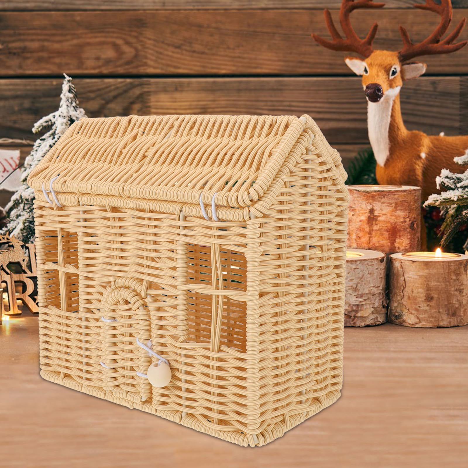 Cesta de Dulces Navideños de Plástico con Forma de Casa Beige, Tejida a Mano para Almacenamiento y Regalos en Ocasiones Festivas