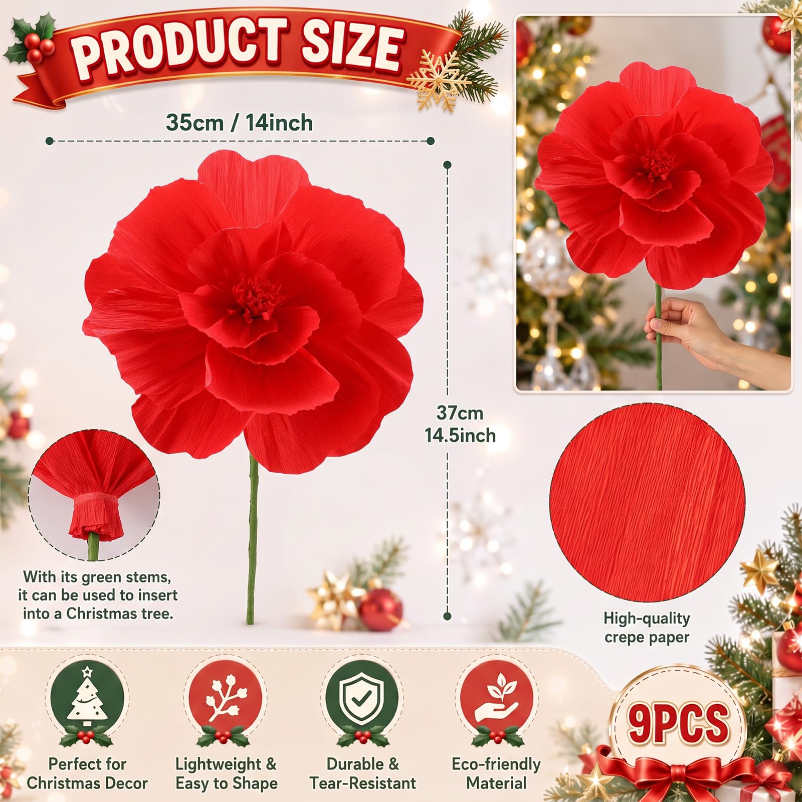 Crtiin Lot de 9 grandes fleurs de poinsettia en papier crépon pour décoration de sapin de Noël, couronne de Noël, décoration murale d'intérieur (rouge)
