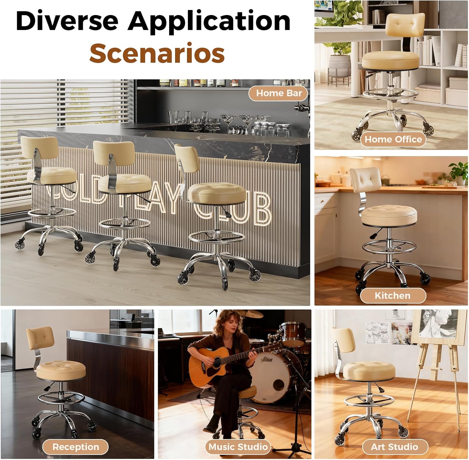 Office Drafting Chair with Footrest, Tall Height Adjustable Stool with Back Support, Heavy Duty Rolling Stool Chair with Wheels for Office Home Kitchen Bar Shop Guitar Studio Medical Vanity(White) - Image 9