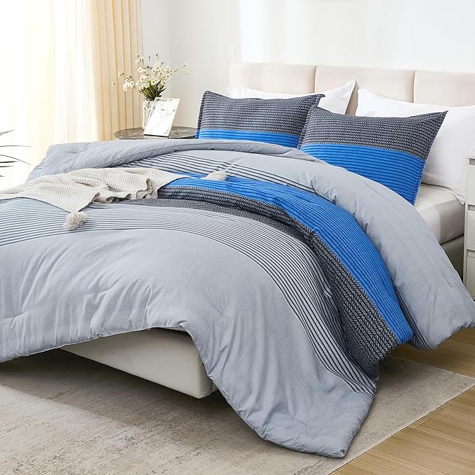 Litanika Blue California King Comforter Set - 3 Pieces Cal King Oversized Lightweight Summer Gray Blue Colorblock Stripe Bedding Set (104x96In, 2 Pillowcases)