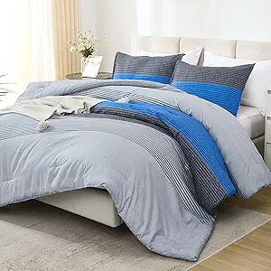 Litanika Comforter Set Oversized King 120x98 Grey Blue - 3 Pieces Lightweight Grey Blue Colorblock Stripe Fluffy Bedding Comforter Sets, All Season Bed Set