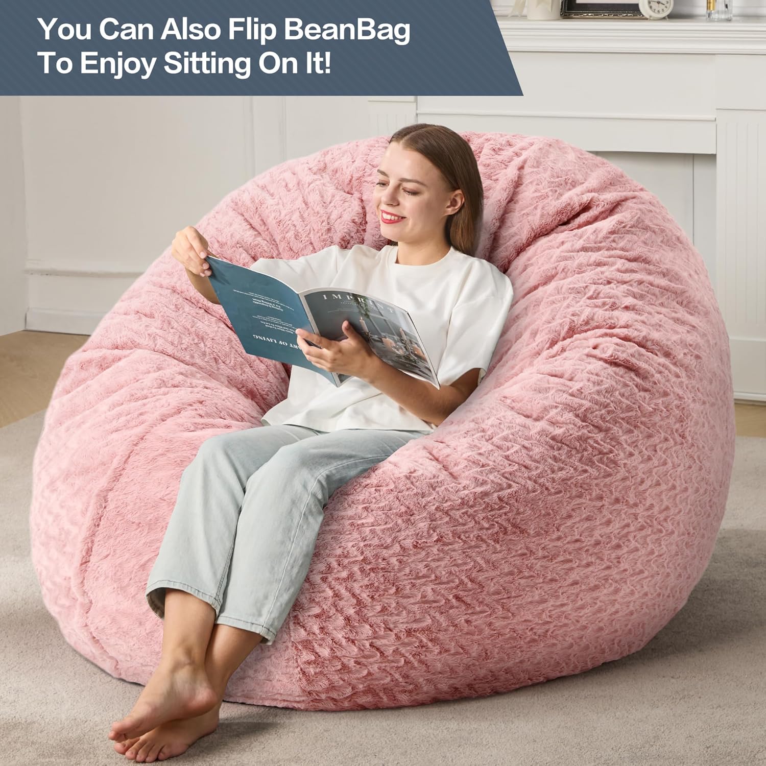 5ft Bean Bag Chairs for Adults Large Beanbag Chair with Chevron Plush Fur Cover Big Bean Bag Chair for Living Room Bedroom Dorm (Pink) - Image 3
