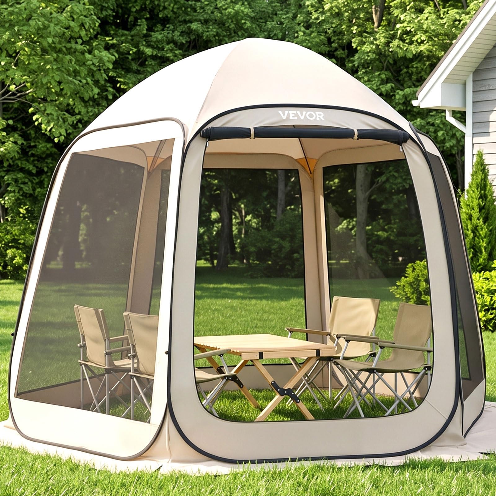 VEVOR Pop up Screen House Tent, 10 x 9.2 ft, 4-8 Person Screen Gazebo, Beige
