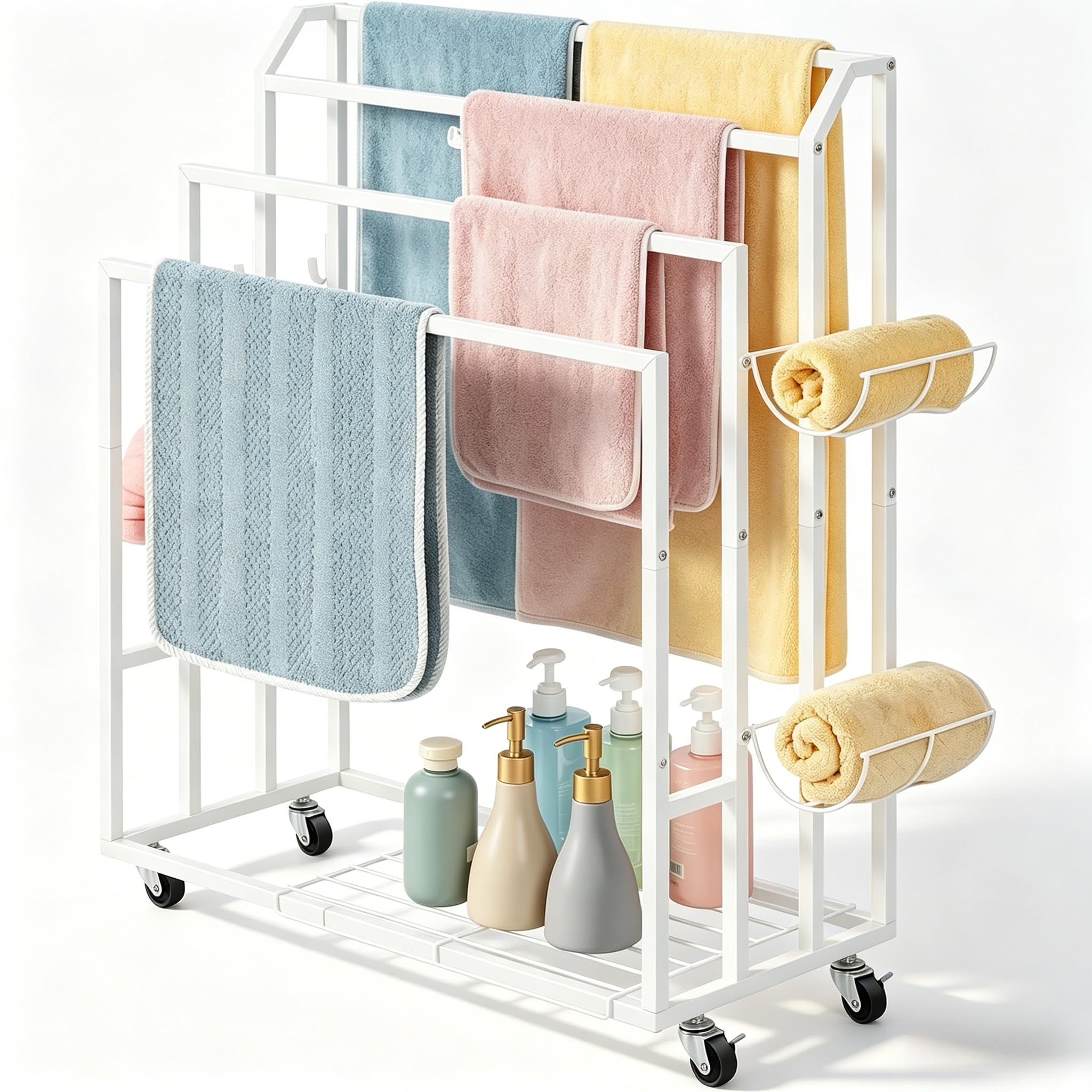smusei Porte Serviette sur Pied à 4 Niveaux Porte Serviette Salle de Bain sur Pied avec Crochets Latéraux et Tablettes Porte-Serviettes de Salle de Bain pour Salles Bain Chambres Balcon (Blanc)