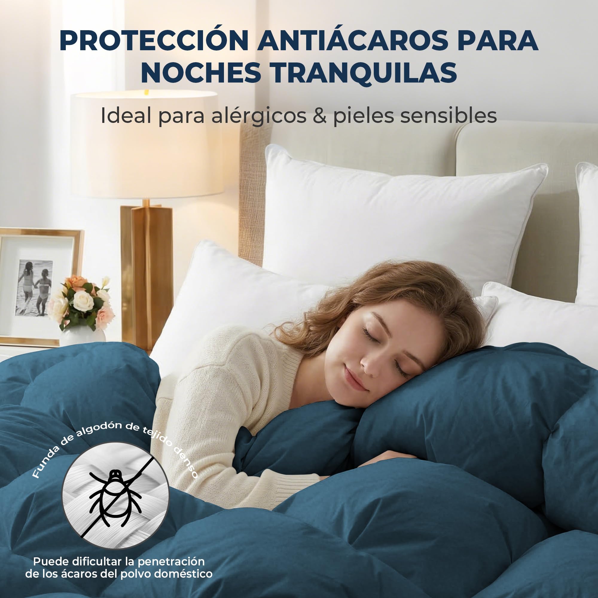 UNIKOME Edredón de Plumas y Plumón Cama 80, 100% Algodón, Relleno Nórdico Plumón para 4 Estaciones, Diseño con Pliegue Pinzado, Certificado Oeko-Tex (Marina, 220x240cm)