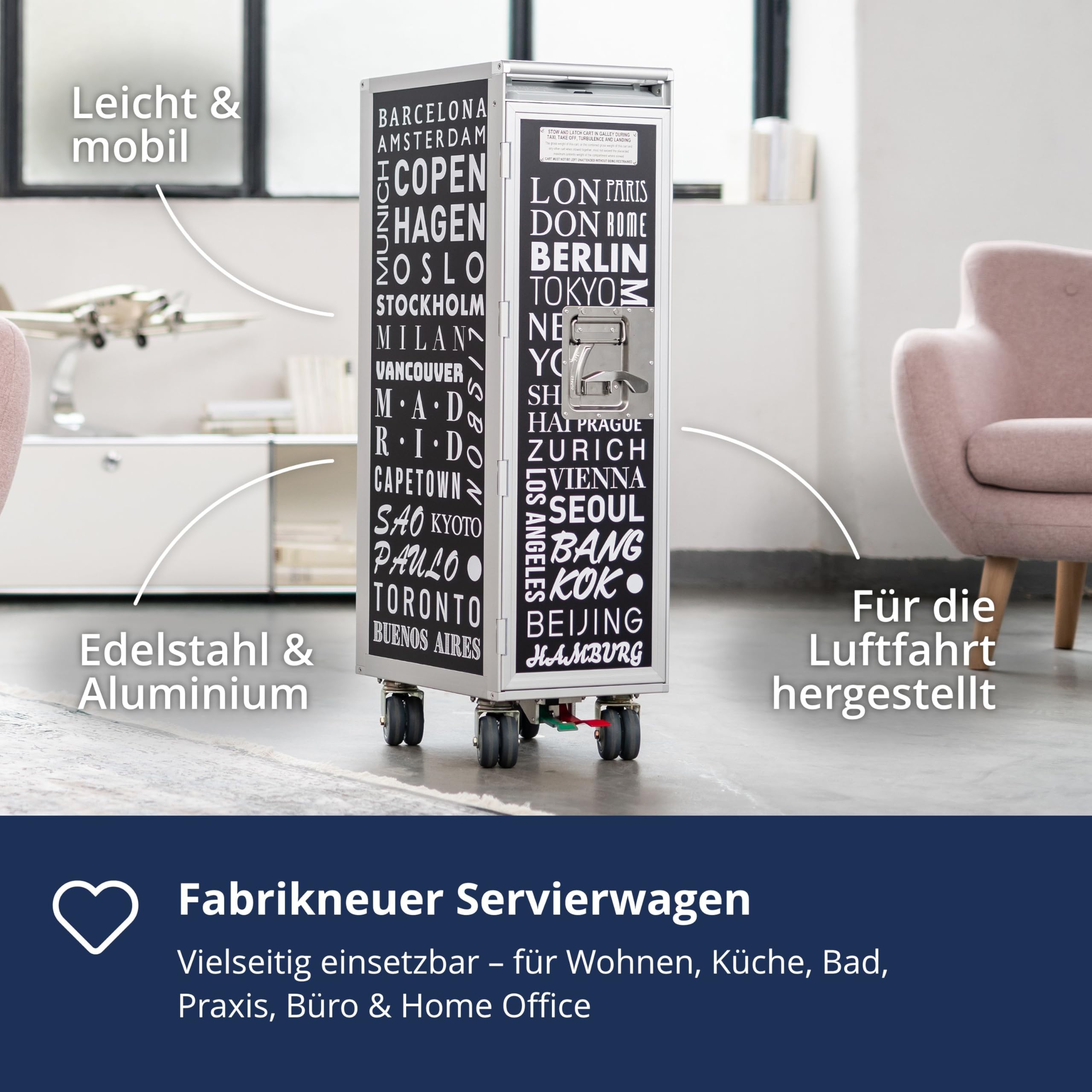 Airline Trolley Cosmopolitan, Büroschrank, Industrial Style Möbel, Schubladenschrank, Norm: Atlas, 103 x 30,5 x 40,5, Flugzeugtrolley, Schwarz, 7 Einschübe