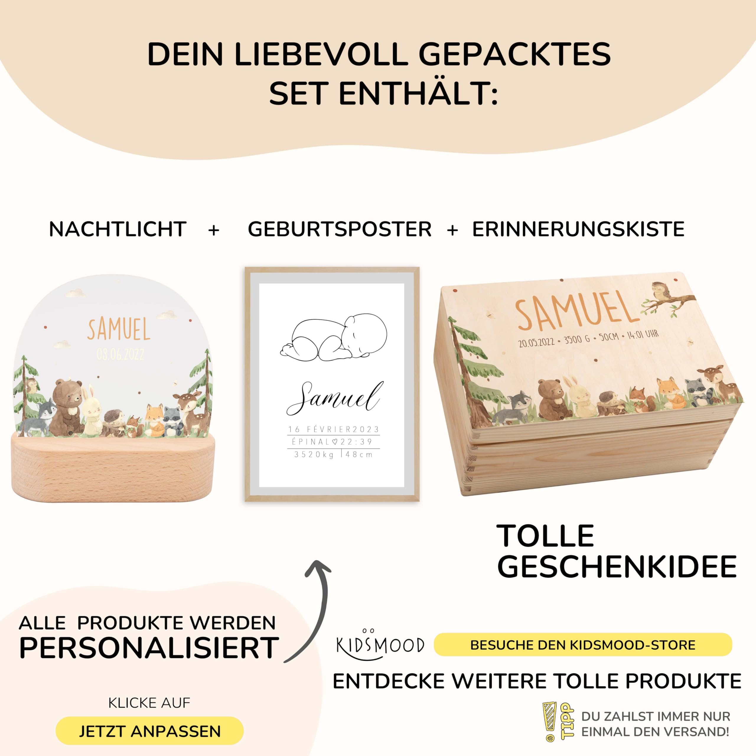 Kidsmood - Personalisierte Geschenke Baby – Babygeschenke zur Geburt Junge & Mädchen – Nachtlicht Kinder, Erinnerungsbox Baby, Poster als Dekoration für Kinderzimmer – Neugeborenen Geschenk mit Namen