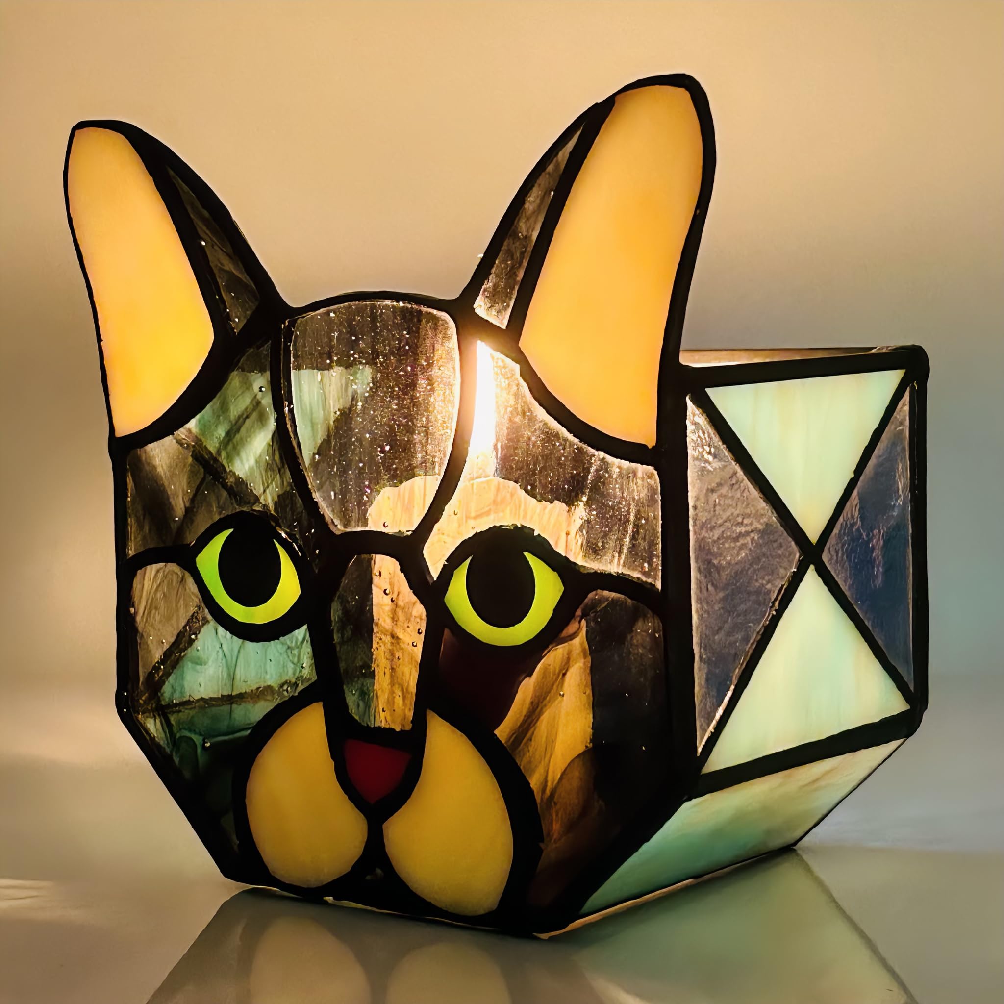 Entlityful Stained Glass Cat Tea Light Candle Holder Glass,Pencil Holders for Desk,Funny Cactus Pot,Gift for Cat Lover