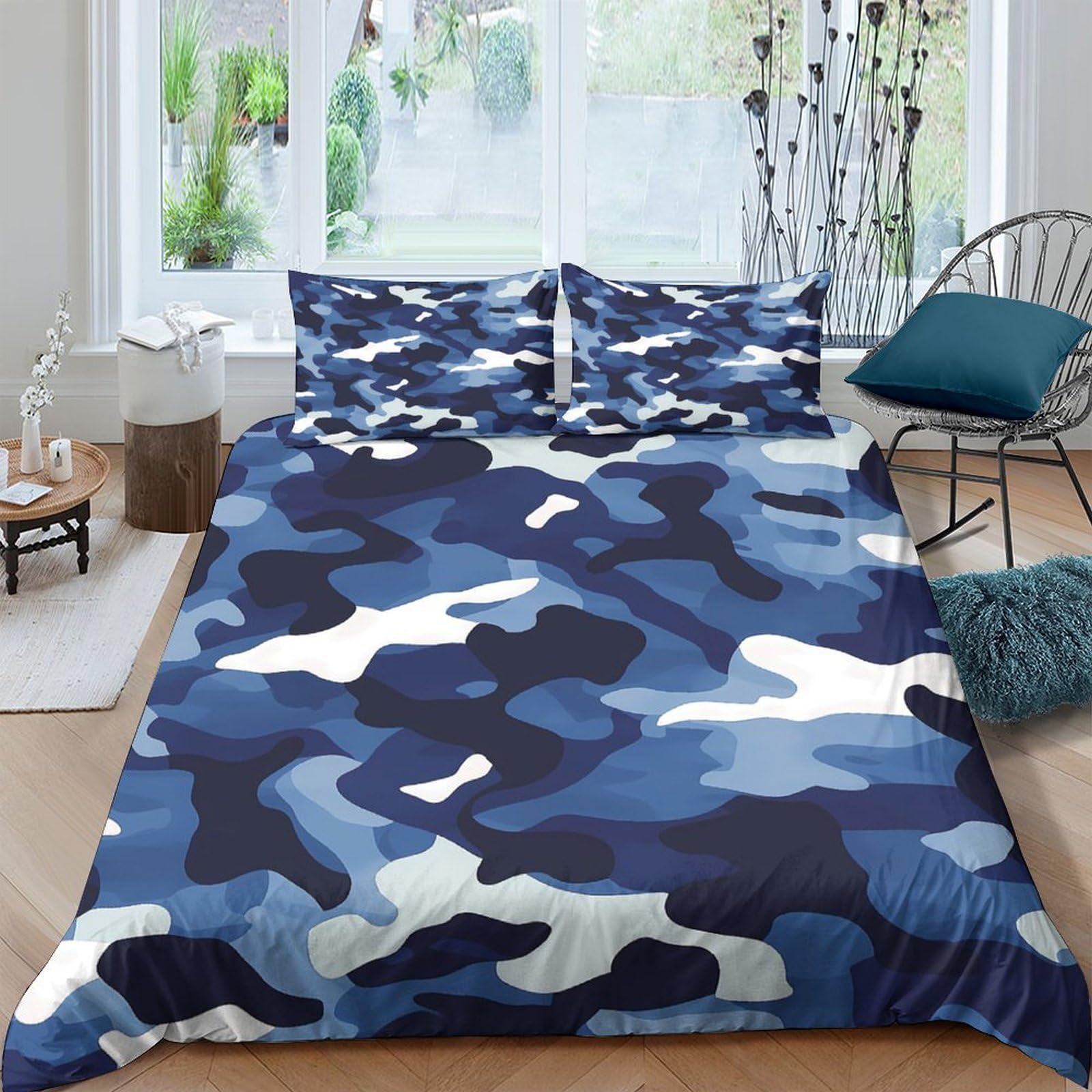 GPLZQXKJNH 3D Printed Blue Camouflage Duvet Cover Microfiber Soft Breathable Navy Army Bedding Set with 2 Pillowcases for Bedroom Decor Single（135x200cm）