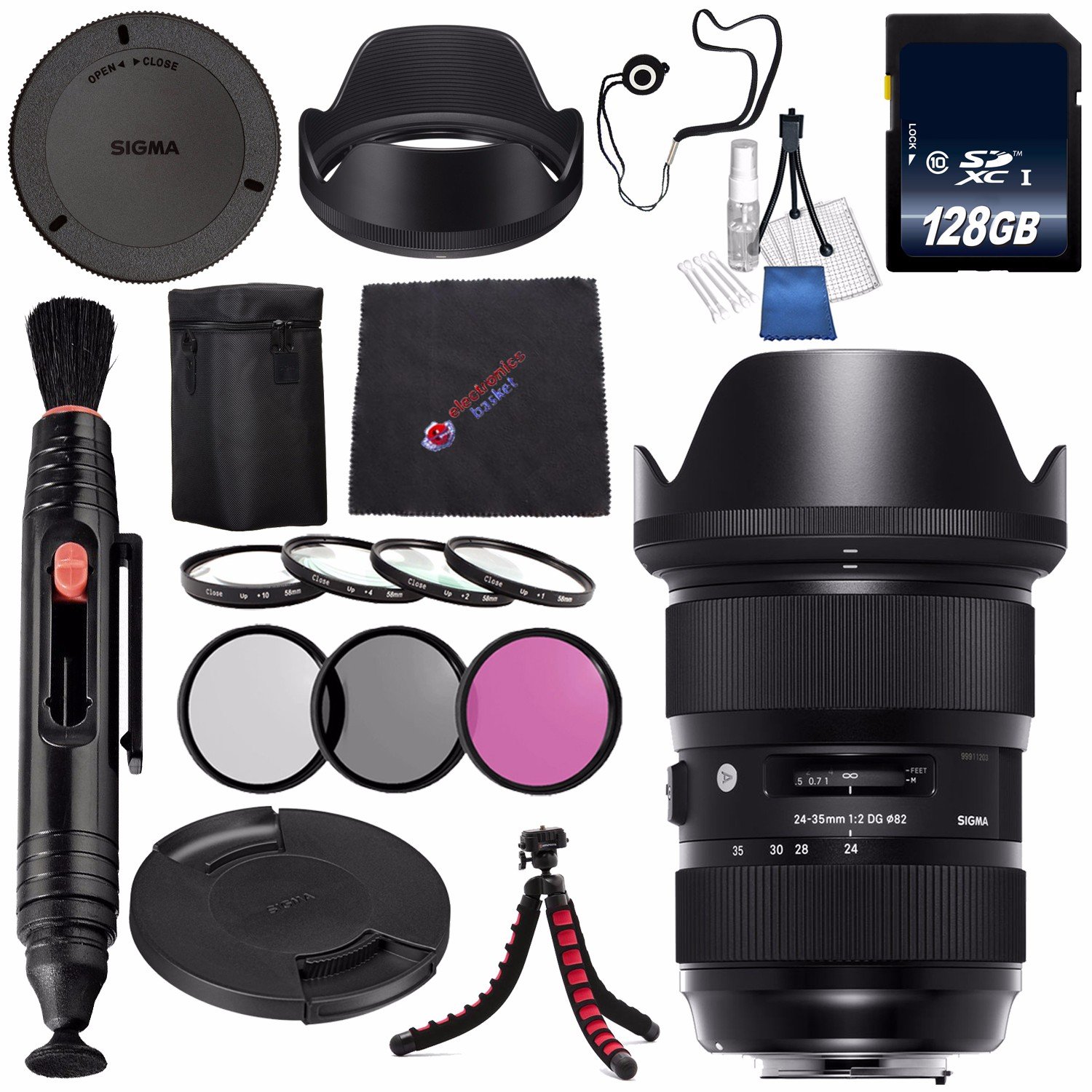 Sigma 24-35mm f/2 DG HSM Art Lens for Nikon F #588955 + 82mm 3 Piece Filter Kit + 128GB SDXC Card + Lens Pen Cleaner + Microfiber Cleaning Cloth + Tripod Bundle (International Model No Warranty)
