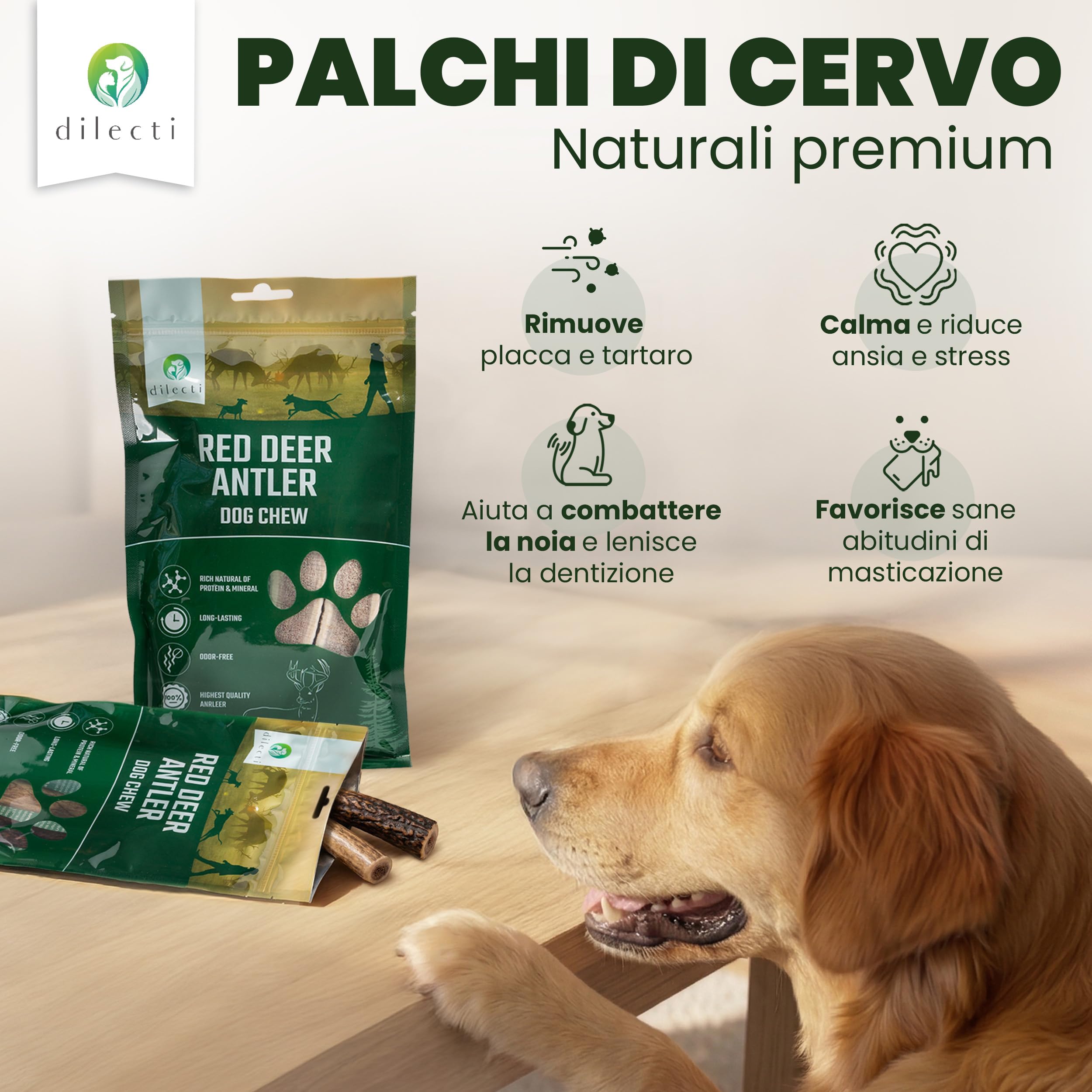 Osso di Cervo da Masticare per Cani - Corno di Cervo Naturale, Lunga Durata, Igiene Dentale - Spaccate L (3 Pezzi)
