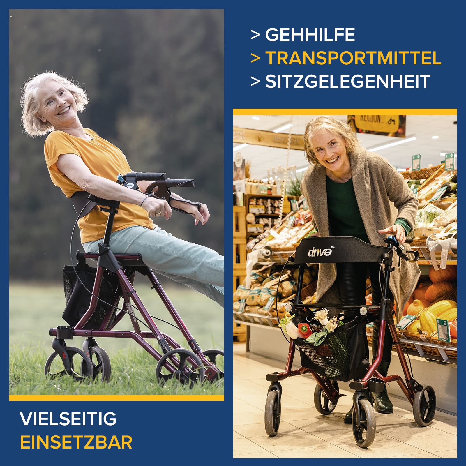 Drive Medical Rollator TORRO in Rot für Indoor und Outdoor Nutzung I Stabile Gehhilfe mit Sitz und Rückenlehne I mit Ablagekorb und Gehstockhalter I 6,9kg Aluminiumgestell, belastbar bis 150kg