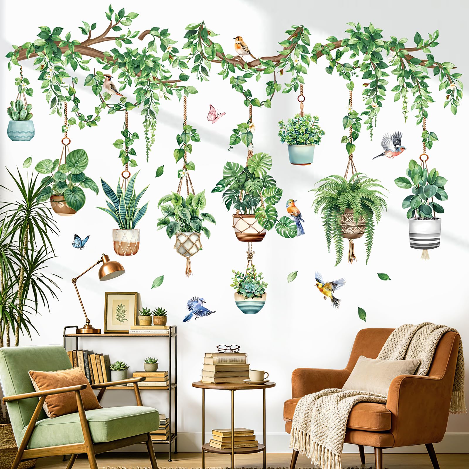 decalmile Green Plants Potted Tropical Leaves Vine Wall Decals Stickers