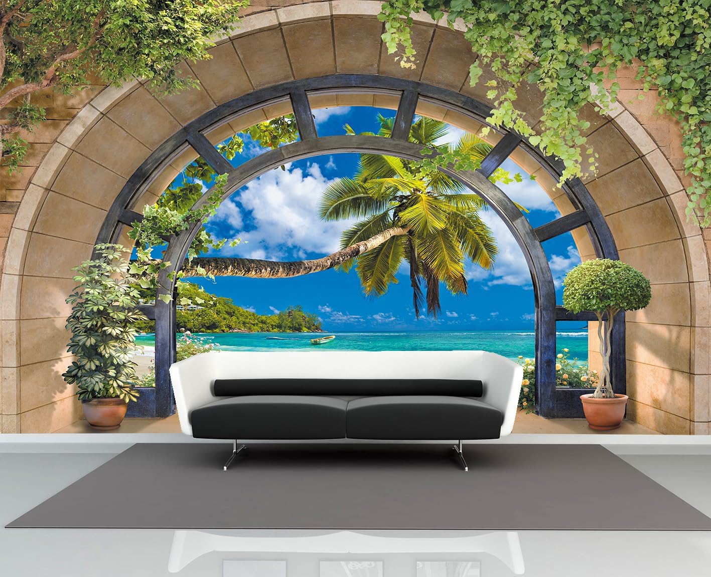 FLFK Window Tropical Beach Palm Wall Murals Peel and Stick 78.7"x59"- Self-Adhesive Wallpaper Large Poster Sticker for Bedroom Living Room Decor