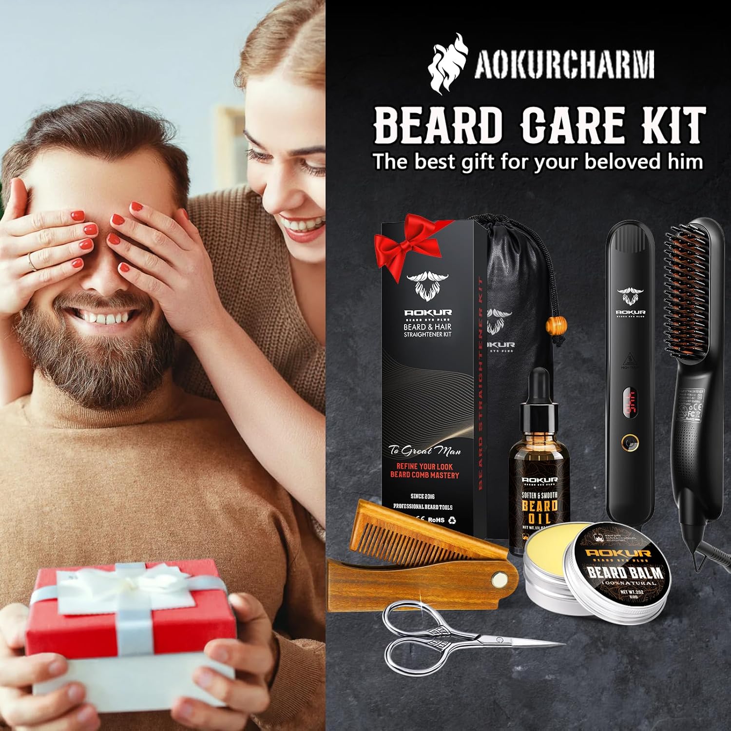 Beard Straightener for Men – 5-Temp Heated Brush with Anti-Scald Tech – Grooming Kit with Sandalwood Comb, Balm, Oil & Scissors – Gifts for Father’s Day, Anniversary & Birthdays