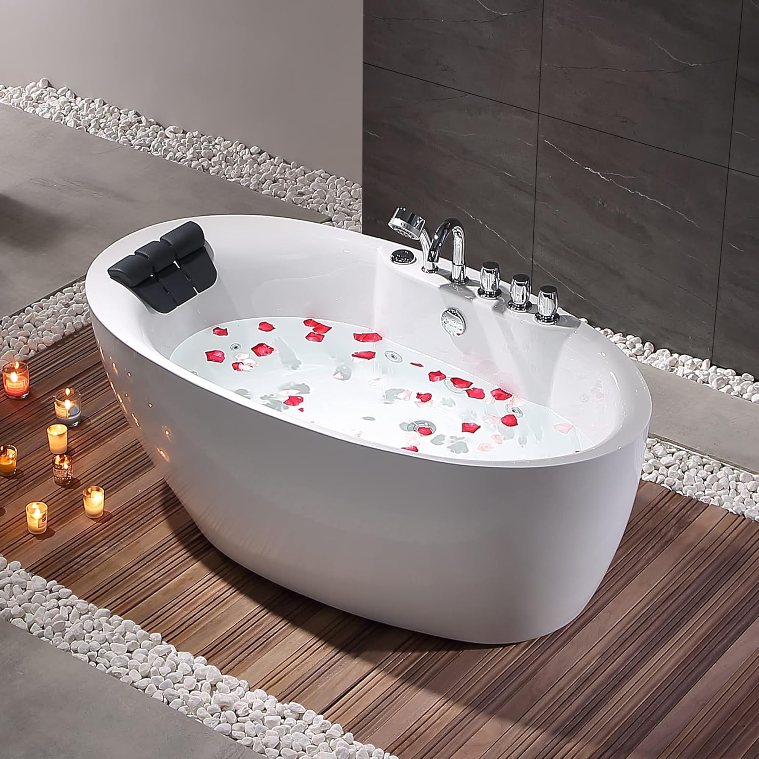 Empava 67 Inch Freestanding Whirlpool Tub -Hydromassage Gracefully Oval Shaped Stand Alone Jetted Bathtub with 7 Hydromassage Nozzles, Boat Shape, Hydromassage, Acrylic,ETL Certified