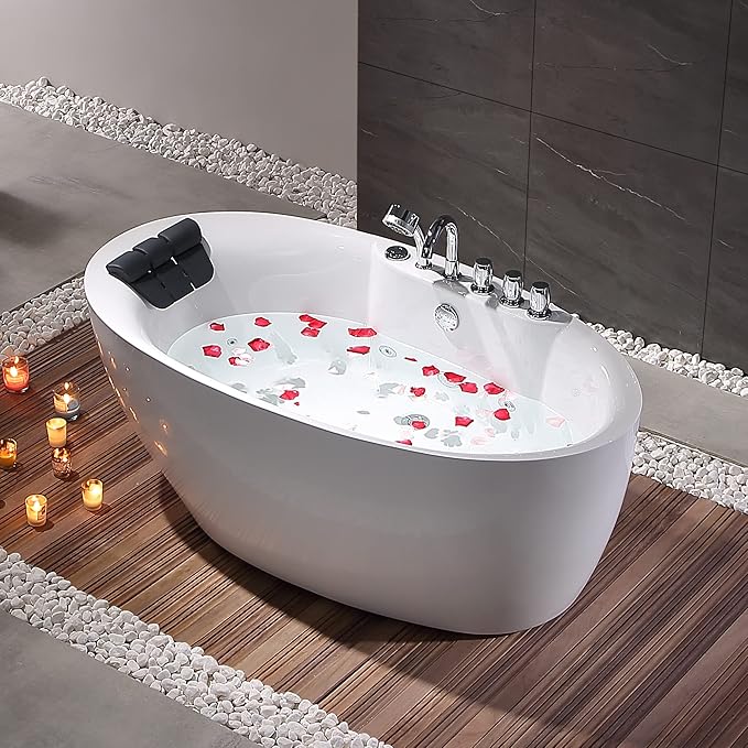 Empava 67 Inch Freestanding Whirlpool Tub -Hydromassage Gracefully Oval Shaped Stand Alone Jetted Bathtub with 7 Hydromassage Nozzles, Boat Shape, Hydromassage, Acrylic,ETL Certified