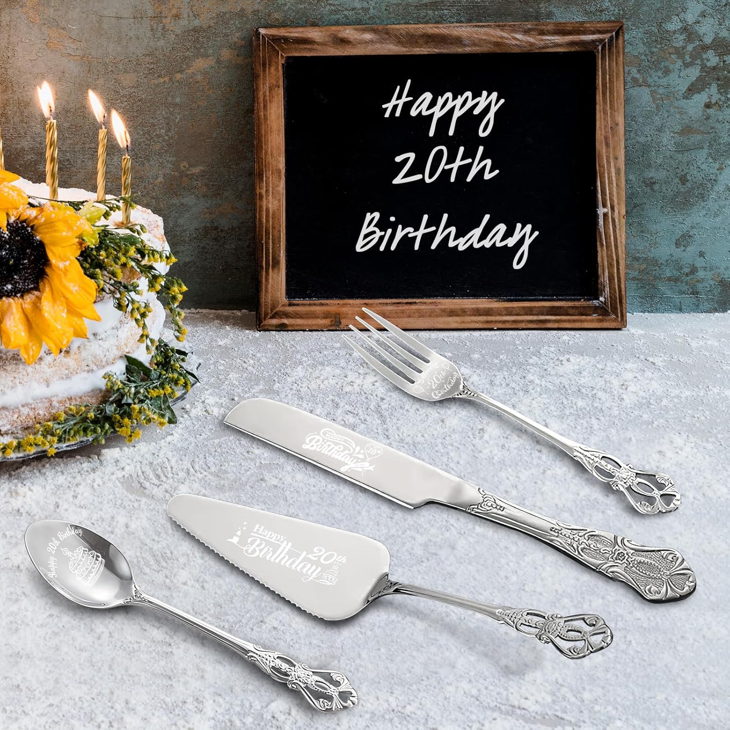 Happy 20th Birthday Personalized Laser Engraved Stainless Steel Cake Tableware Set:Cake Server,Plate,Knife,Spoon, Fork - Memorable 20 Year Old Gift Keepsake
