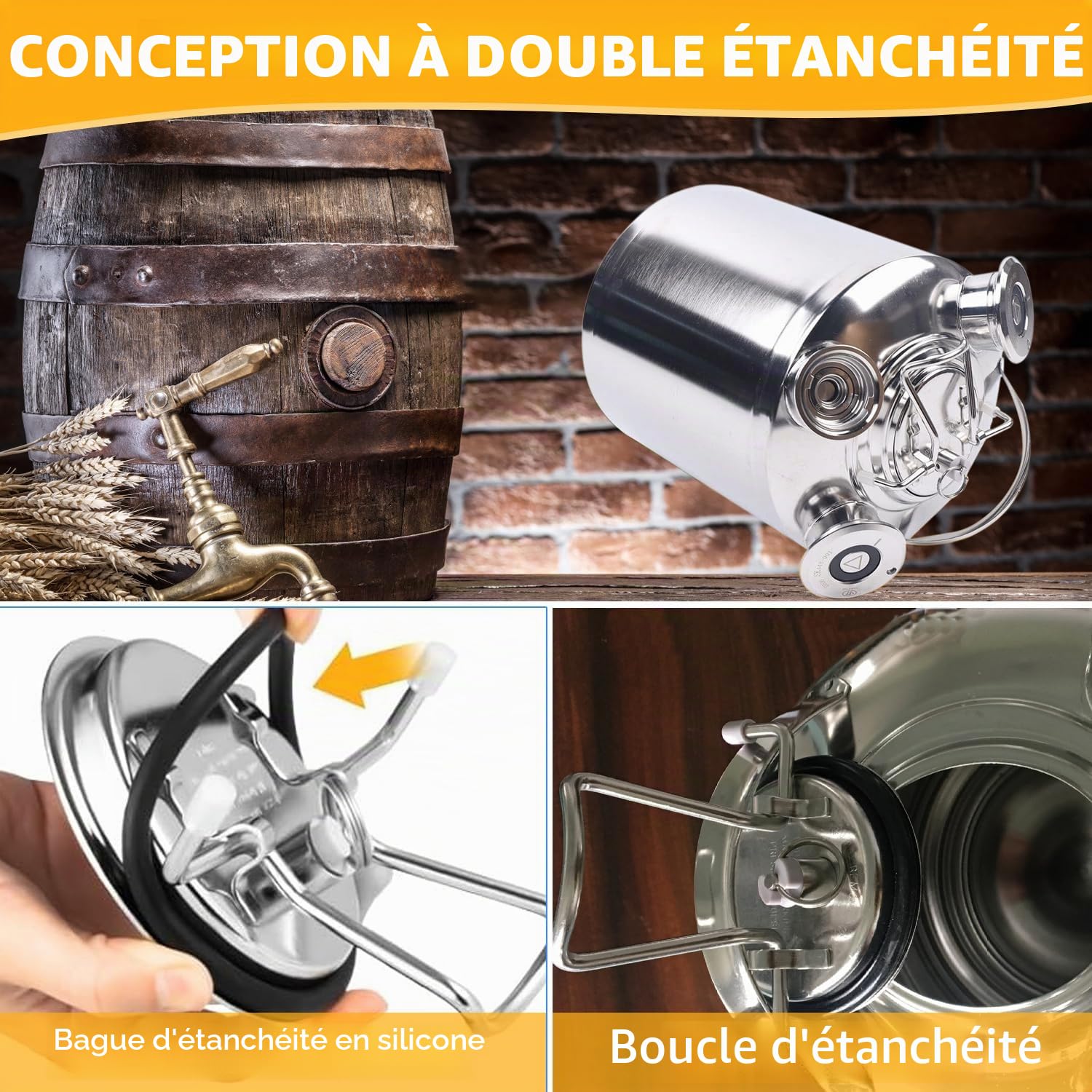 Fût Nettoyage Bière Inox 10L, Récipient 3 Têtes avec Couvercle - Type A/S | Récipient nettoyage fût inox 10L, Couvercle 3 têtes compatible lances Type A et S. Pour brassage amateur, bar, hôtel