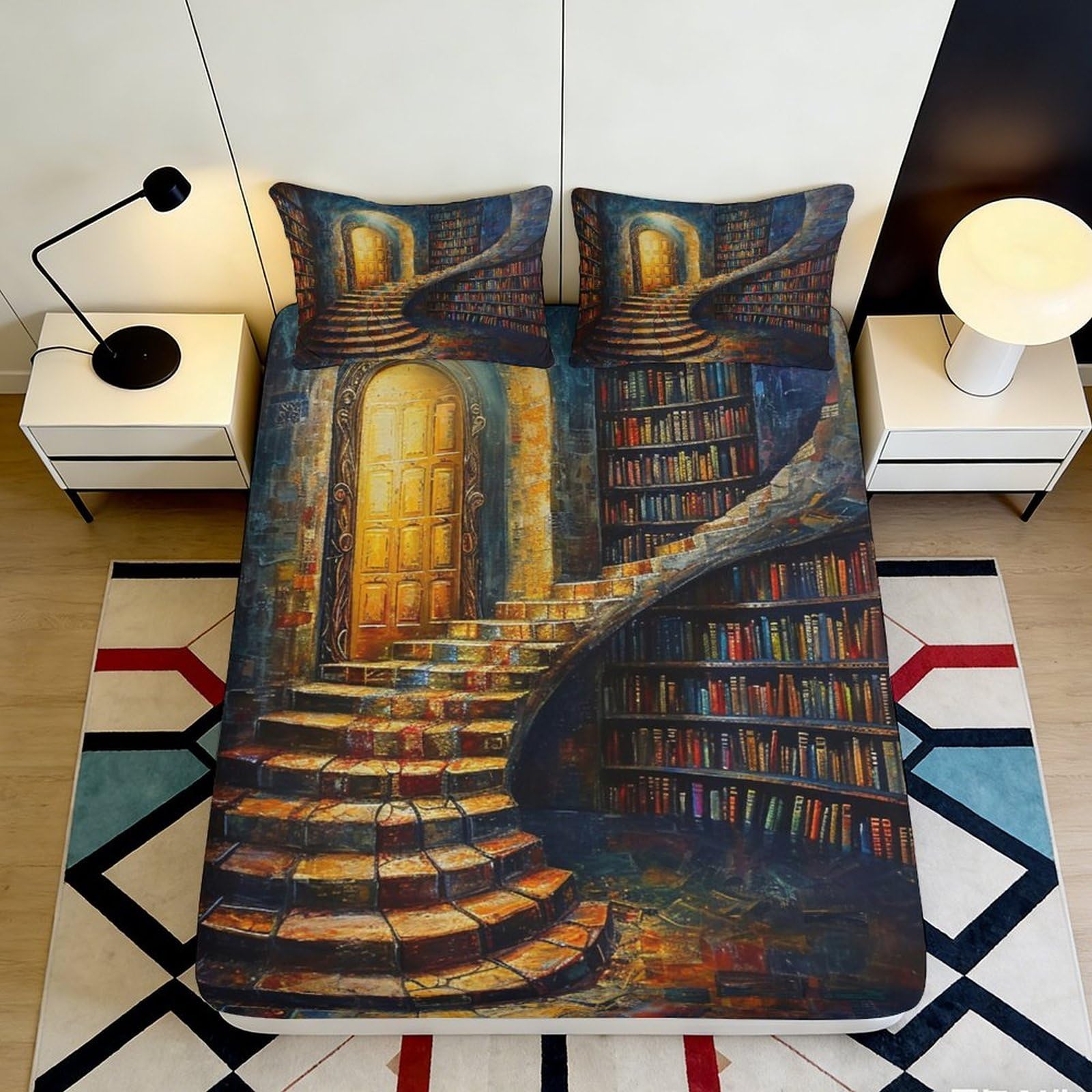 3D Printed Library Staircase Fitted Sheet Microfiber Decorative Bookshelf Bed Cover for Bedroom Guest Room Protection 90x200x25cm