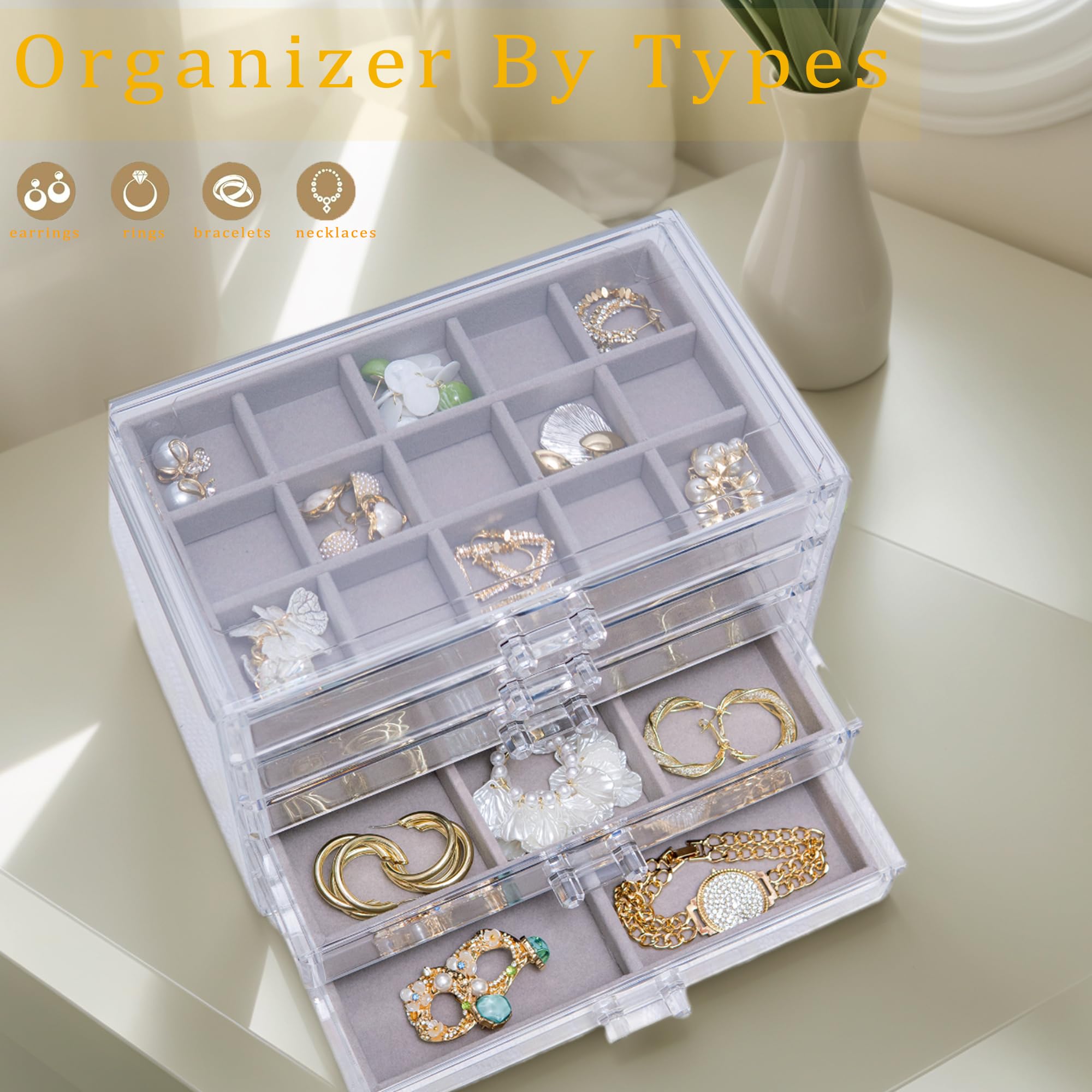 AXsinr Jewelry Organizer With 5 Drawers, Jewelry Box Earring Holder Organizer for Earrings Ring Bracelet Necklace, Clear Acrylic Large Transparent Jewelry Storage With Velvet Trays For Women Grey