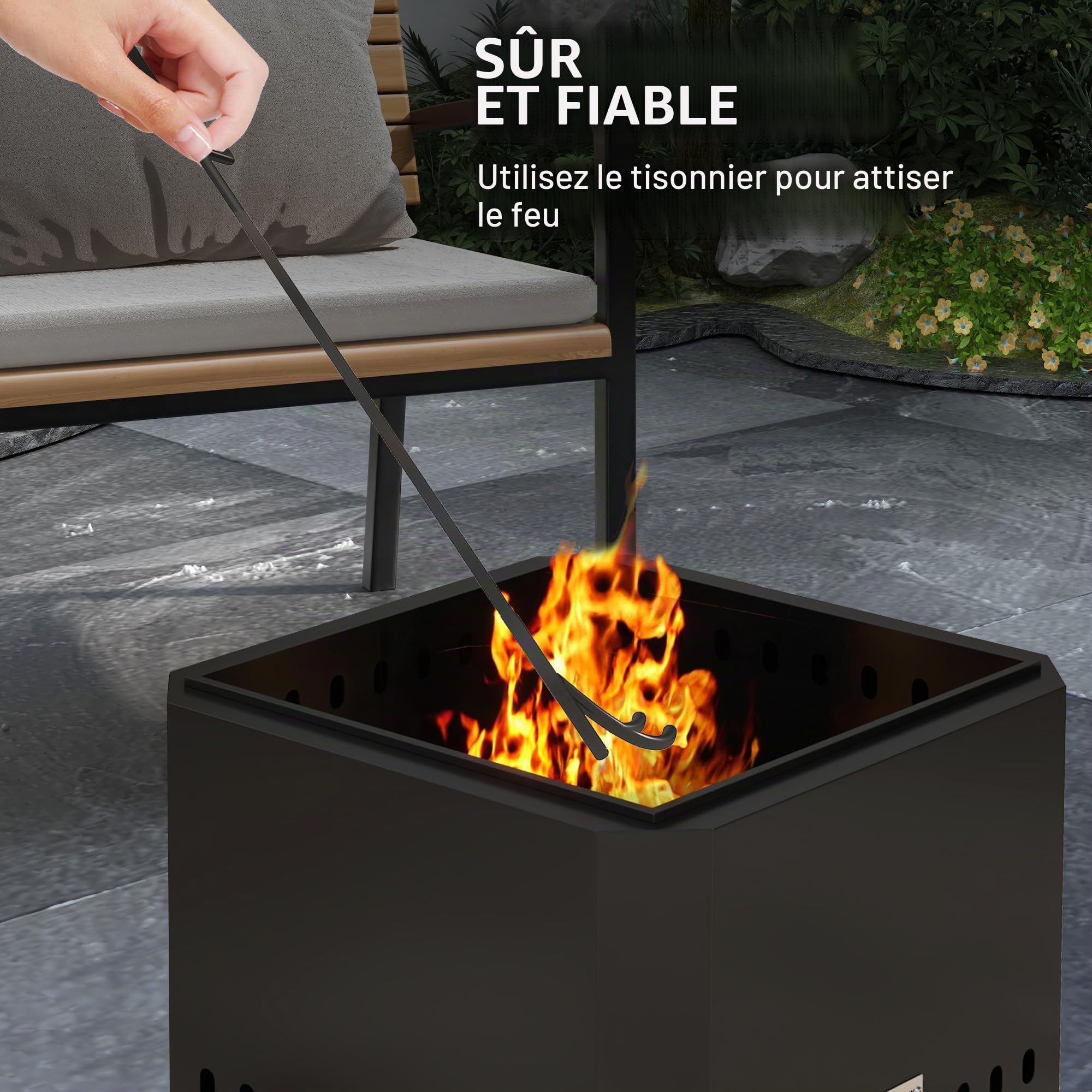 Outsunny Bol de feu, foyer carré, panier de feu sans fumée avec tisonnier, feu de table pour jardin, camping, terrasse, métal, noir