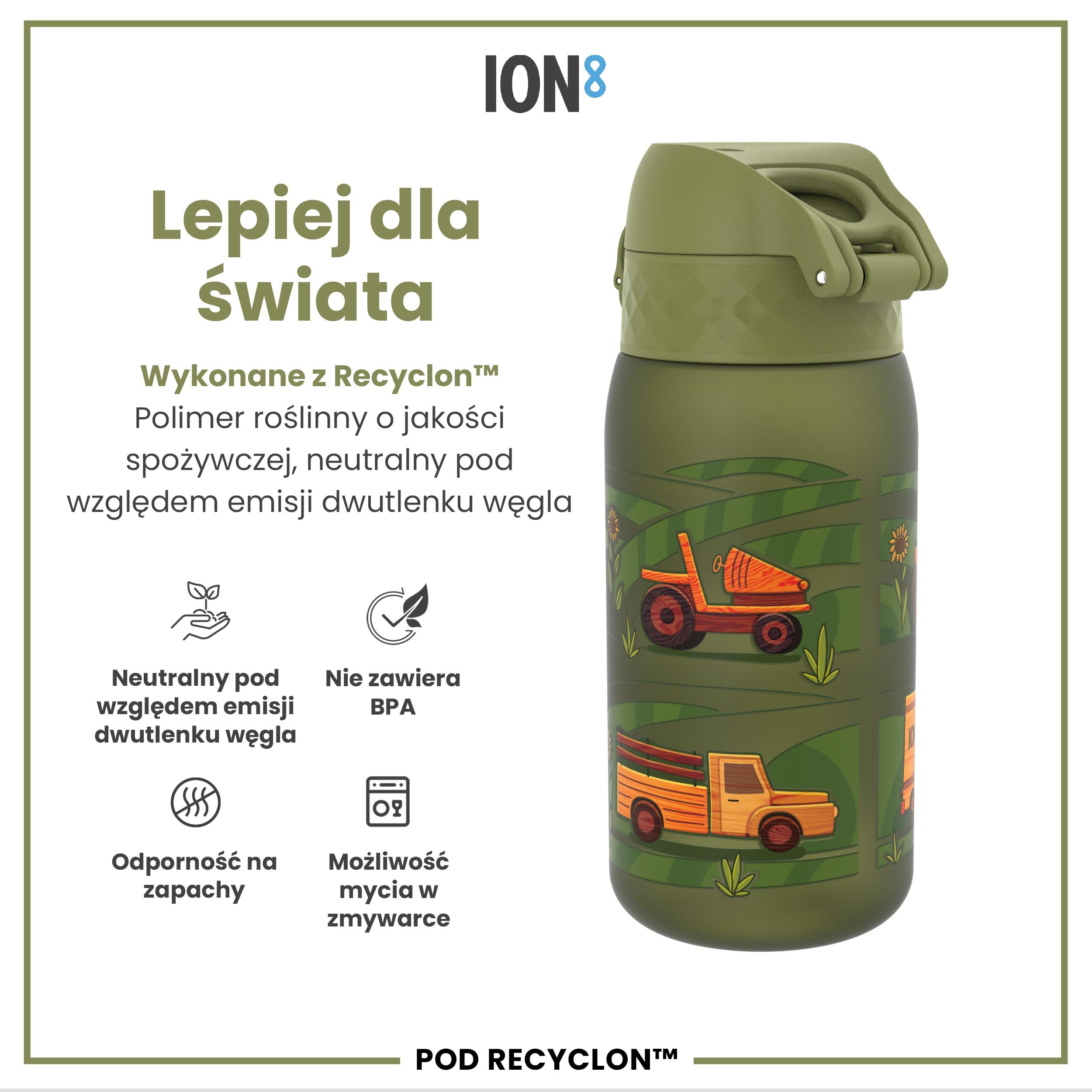 ION8 Butelka dla Dzieci, 350 ml/12 oz, Szczelna, Łatwa do Otwarcia, Bezpieczny Zamek, Można Myć w Zmywarce, Bez BPA, Uchwyt do Przenoszenia, Łatwa do Czyszczenia, Bezwonny, Maszyny Rolnicze