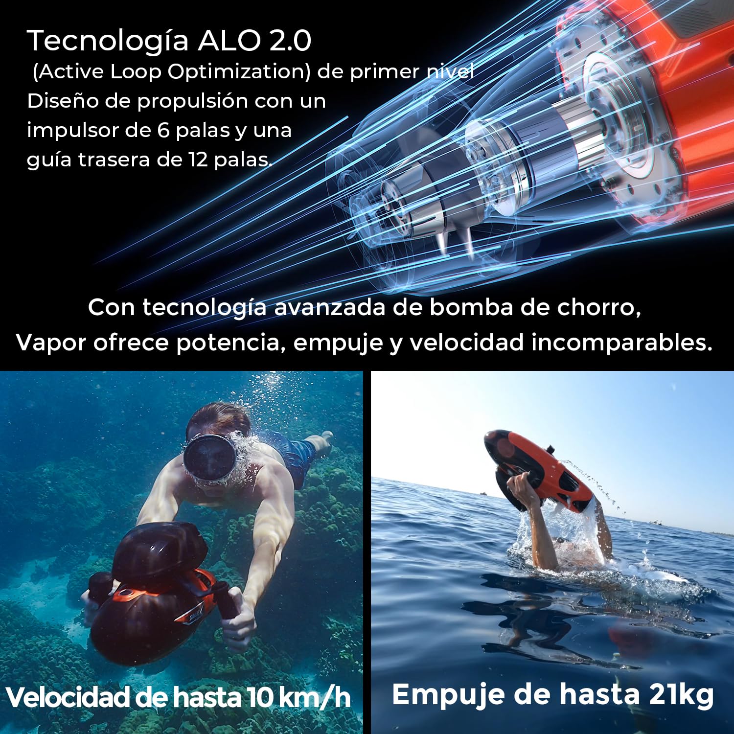 Sublue Vapor Pump-Jet - Patinete subacuático de 3 velocidades de 60 Minutos, 10 km/h, 21 kgf para Buceo Libre, Buceo, esnórquel, Juguetes recreativos para Yates y Barcos (Rojo Vapor + Batería)