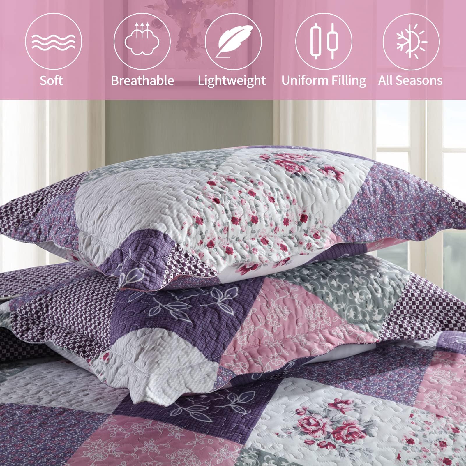 Qucover Cubrecama Patchwork para Cama 150 180,Colcha nordica bouti de piqué,Manta con Fundas de Almohada,Retazos Reversible para Matrimonio Verano King Size (Patchwork Púrpura, 230x250cm+50x70cm*2)