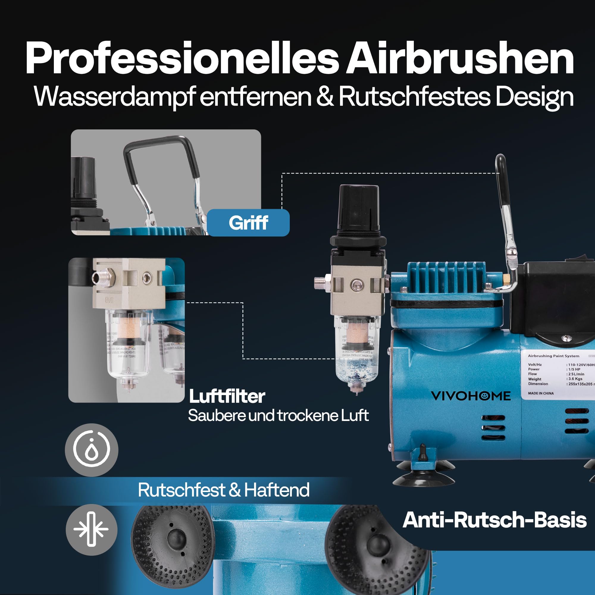 VIVOHOME Airbrush-Set mit 1/5 PS professionellem Luftkompressor und 3 Dual-Action-Airbrush-Pistolen, Schwerkraft- und Siphon-Zufuhr, leises Airbrush-Set mit Halter, Reinigungsbürste, Klebeband