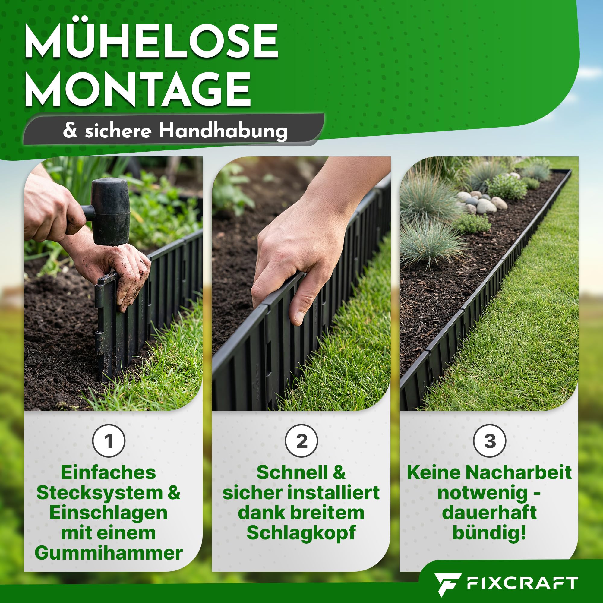 Rasenkante Kunststoff 10m [15cm hoch] - Mähkante, Beeteinfassung | Flexible Beetumrandung, Beetkante | Stabil, knickfest, breiter Schlagkopf | Sicher für Mähroboter, Kinder