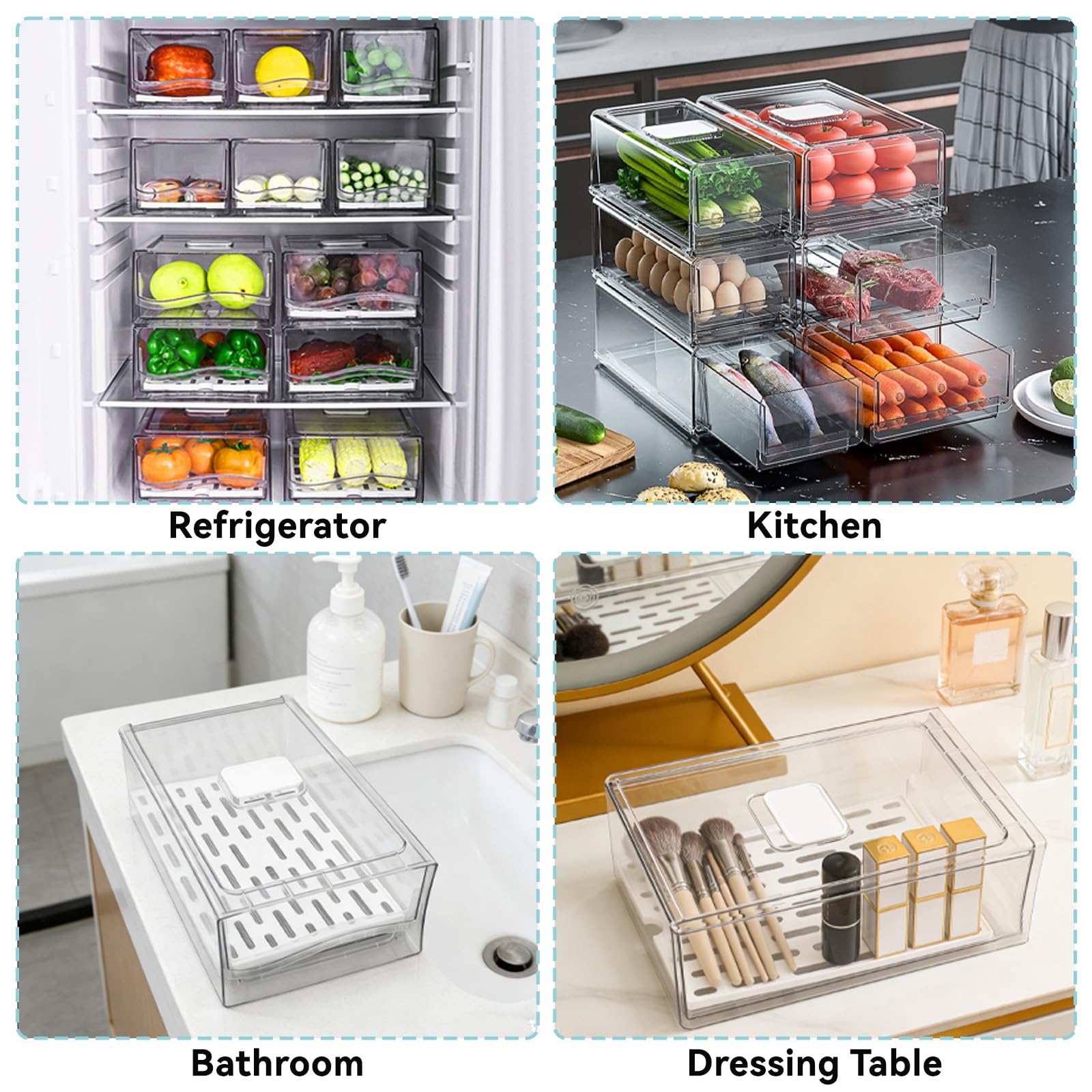 Kühlschrank Organizer, 30×20×11cm Kühlschrank Schubladen Aufbewahrungsbox | Transparente Stapelbare Herausziehbare, mit Abtropfplatte, Obst und Lebensmittelbehälter für die Küche zu Hause(L)