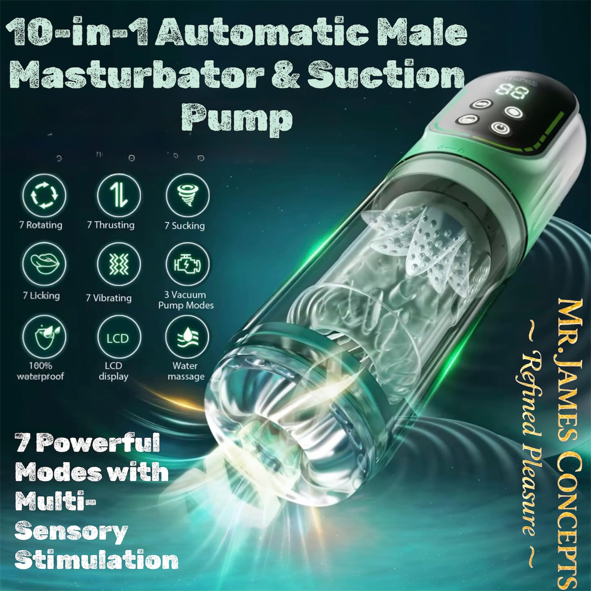 Mr. James Concepts – Masturbatore maschile with vuoto Pump – 3 Pressure Levels, 3D movimento a spinta & rotazione, 7 modalità, silicone morbido Sleeve, impermeabile, ricaricabile USBe Stroker