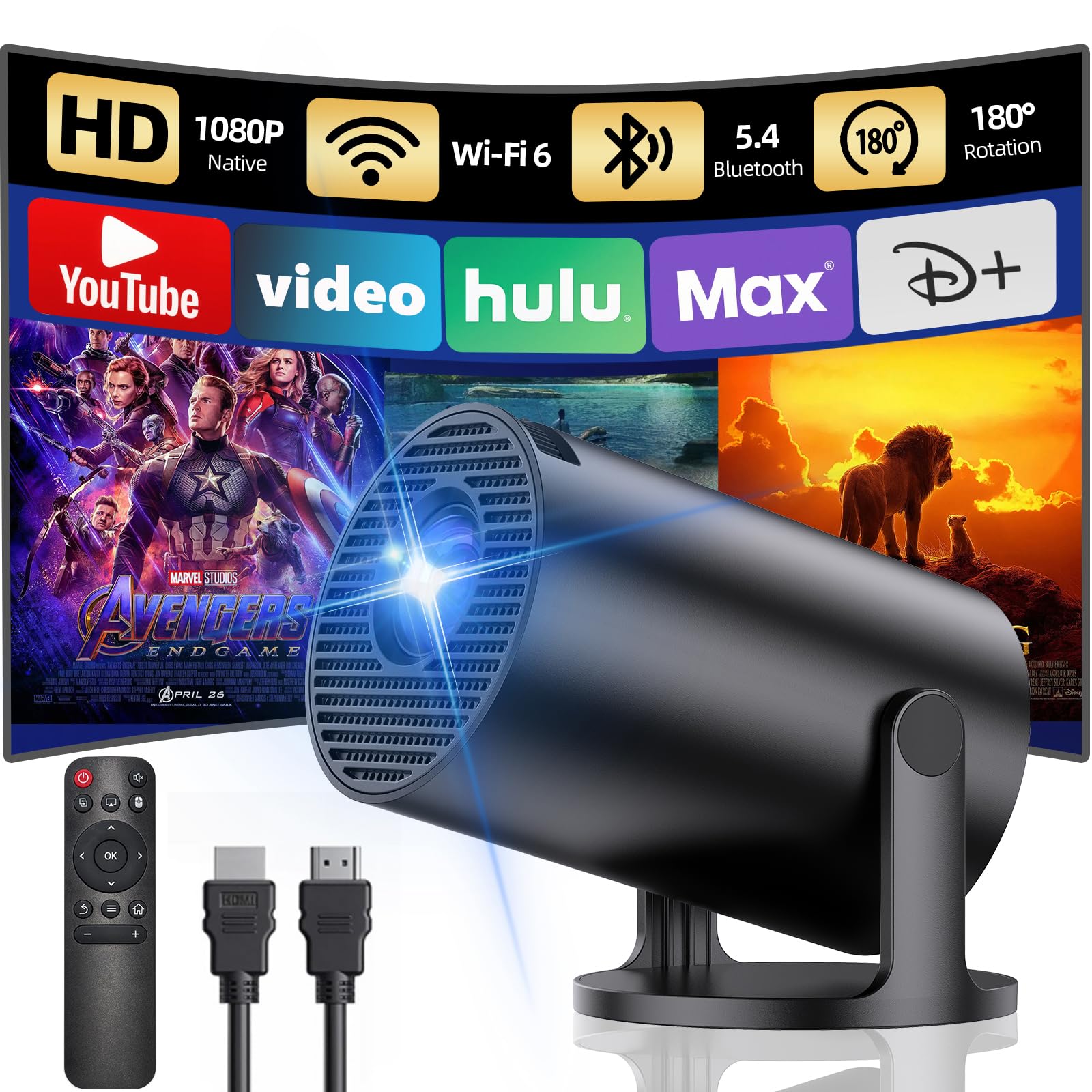 Proyector Portátil, Yoton Proyector para movil con Wi-Fi 6 y Bluetooth 5.4, Compatible con 1080P, Proyección inalámbrica de Pantalla (Android y iOS), Compatible con HDMI, Negro