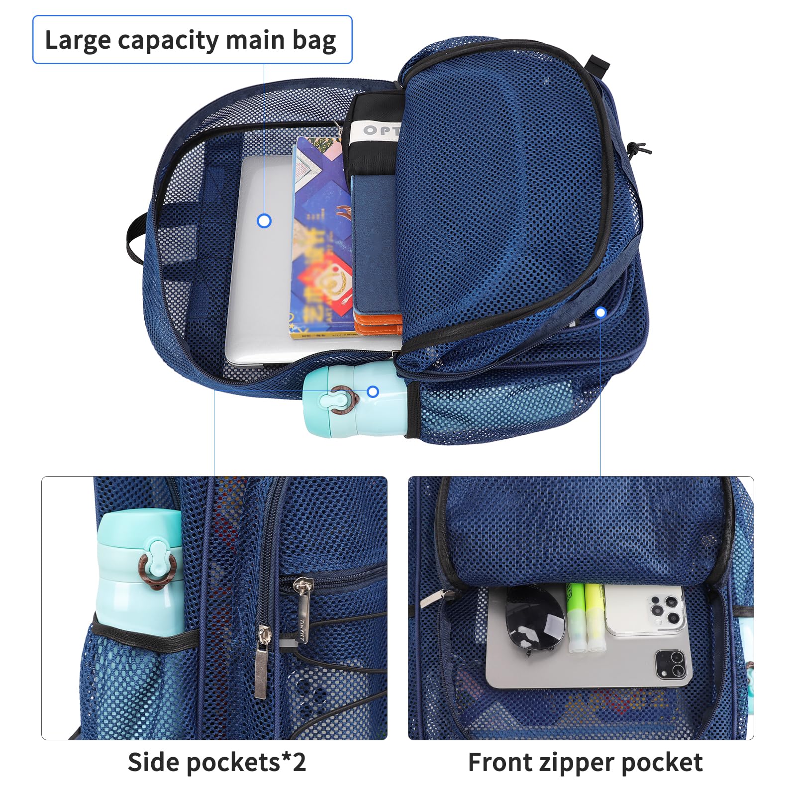 TINYAT Zaino in rete per donne e uomini, resistente, trasparente, in rete, da spiaggia, per viaggi, palestra, nuoto, Blu/8010
