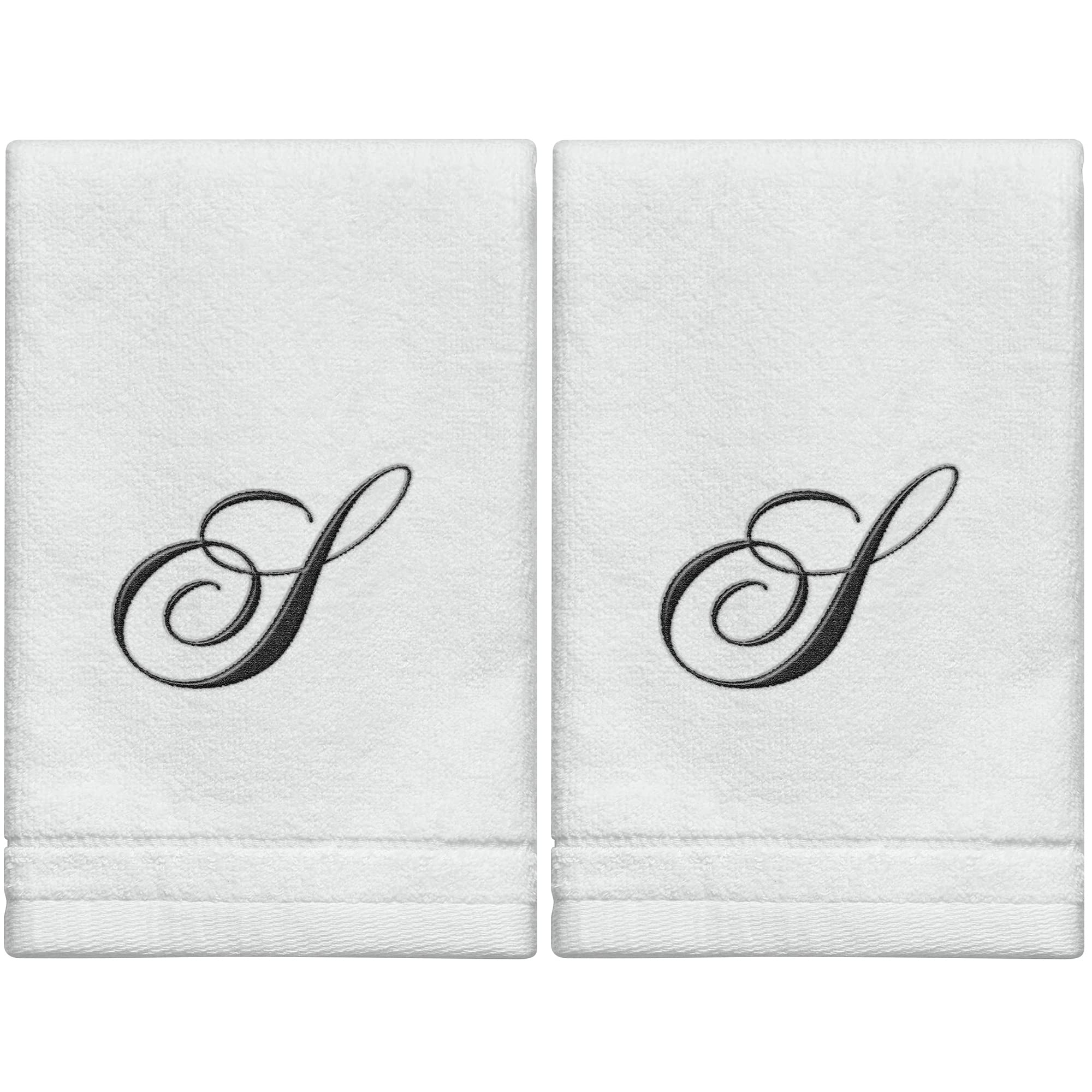 Toallas con Monograma, Regalo Personalizado, 11 x 18 Pulgadas, Juego de 2, Toallas Bordadas Negras, 100% algodón, Acabado de Terciopelo Suave, para baño, Cocina, SPA, Inicial S (Blanco)