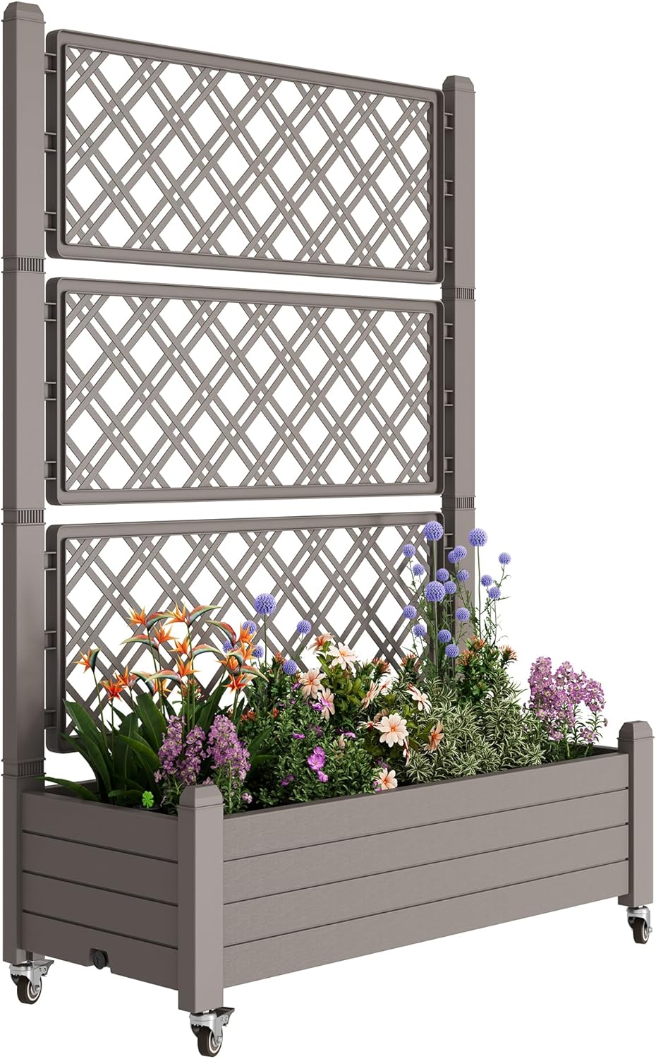 Resin Raised Garden Bed with Trellis and Wheels - Plasitc Planter Box with Trellis Outdoor with Drainage Holes & Water Monitor for Climbing Plants, Flower, Light Brown(61.2" H)