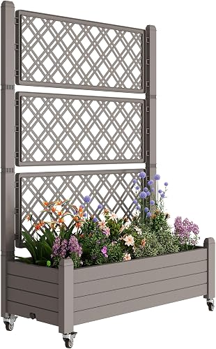 WTFGO Raised Garden Bed with Trellis and Wheels - 61.2" Resin Planter Box with Drainage, Medium Gray WTFGO Raised Garden Bed with Trellis and Wheels - 61.2" Resin Planter Box with Drainage, Medium Gray