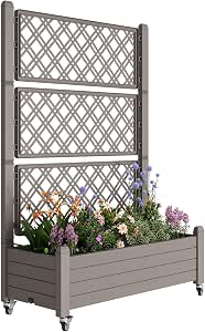 Resin Raised Garden Bed with Trellis and Wheels - Outdoor Plastic Planter Box with Drainage Holes & Water Monitor, Medium Gray (61.2" H)